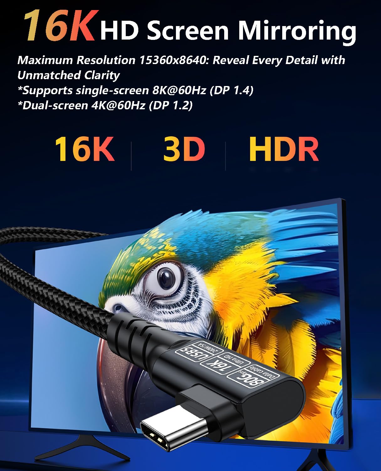 Cable de carga rápida USB C a USB C de 240 W en ángulo recto [1,5 m], USB 3.2 de 80 Gbps de alta velocidad, video HD de 16 K, trenzado de nailon, cable tipo C macho a macho para portátiles