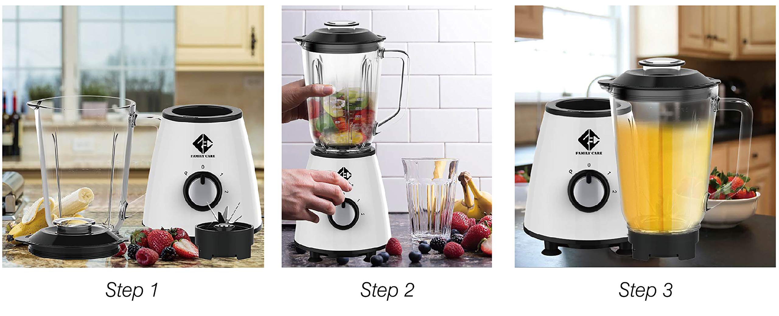 Family Care Batidora de Vaso de 800 W, Jarra de Cristal 1L, Cuchilla 6 Hojas Acero Inoxidable Desmontables, 4 Velocidades Incluida Turbo, Color Blanco