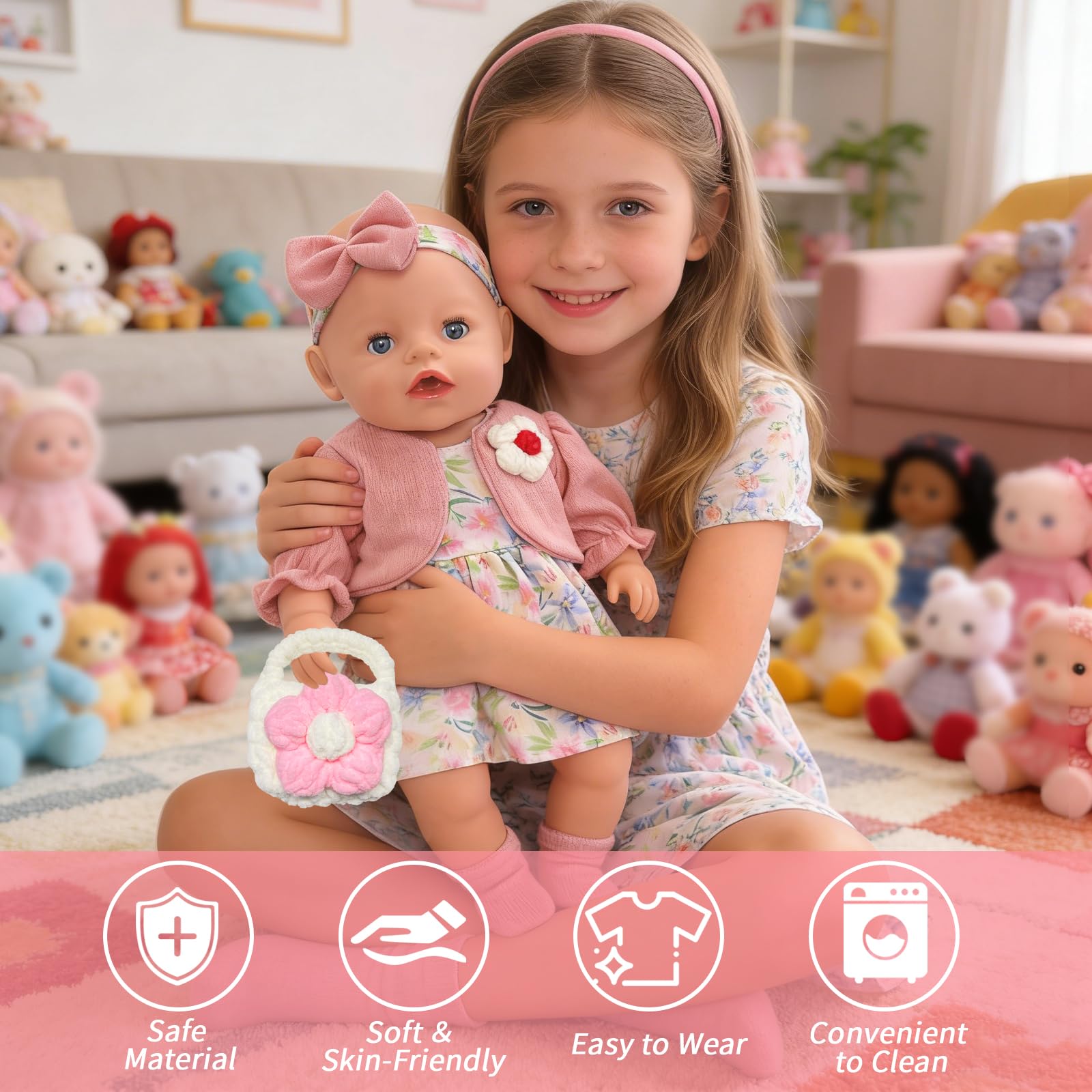 6 sztuk ubranek dla lalek 35-43 cm, słodkie, świeże ubranka dla niemowląt, lalki dla dzieci o długości 35-17 cali, z sukienką, płaszczem, opaską na czoło, torebką, wieszakiem, skarpetkami, ubraniami