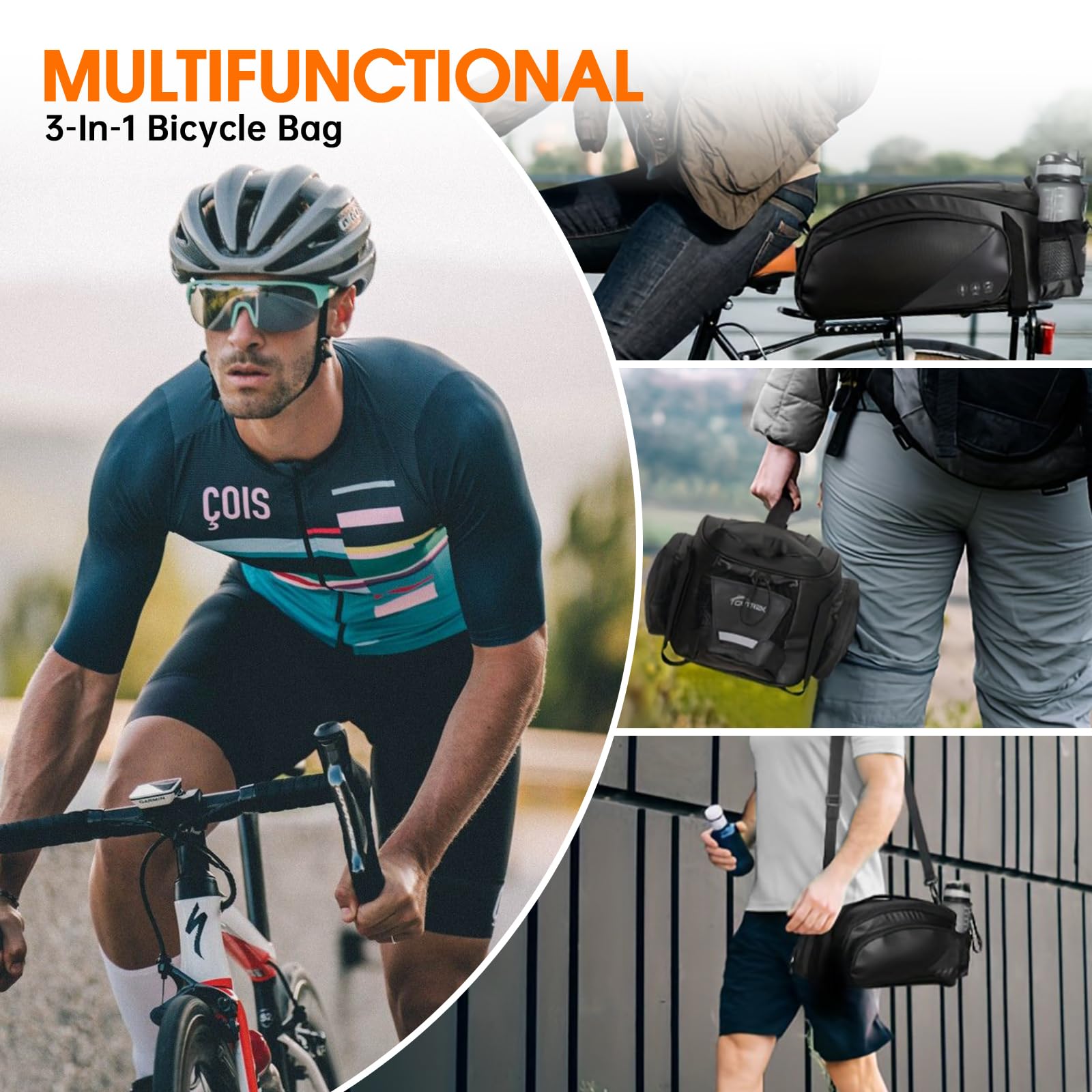 Bike Rack Bag,12L Bike Trunk Bag, Rear bike rack bag, Multi Pockets Cycling Rear Seat Storage Bag, Bike Bags for bicycles Carrier with Reflective Area & Shoulder Strap for Cycling Trips.