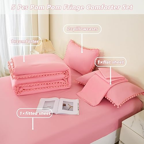 Miniatura 10 de PERFEMET Juego de edredón de 5 piezas con pompones, color morado grisáceo, estético, estilo bohemio, color lavanda en una bolsa, con sábanas de