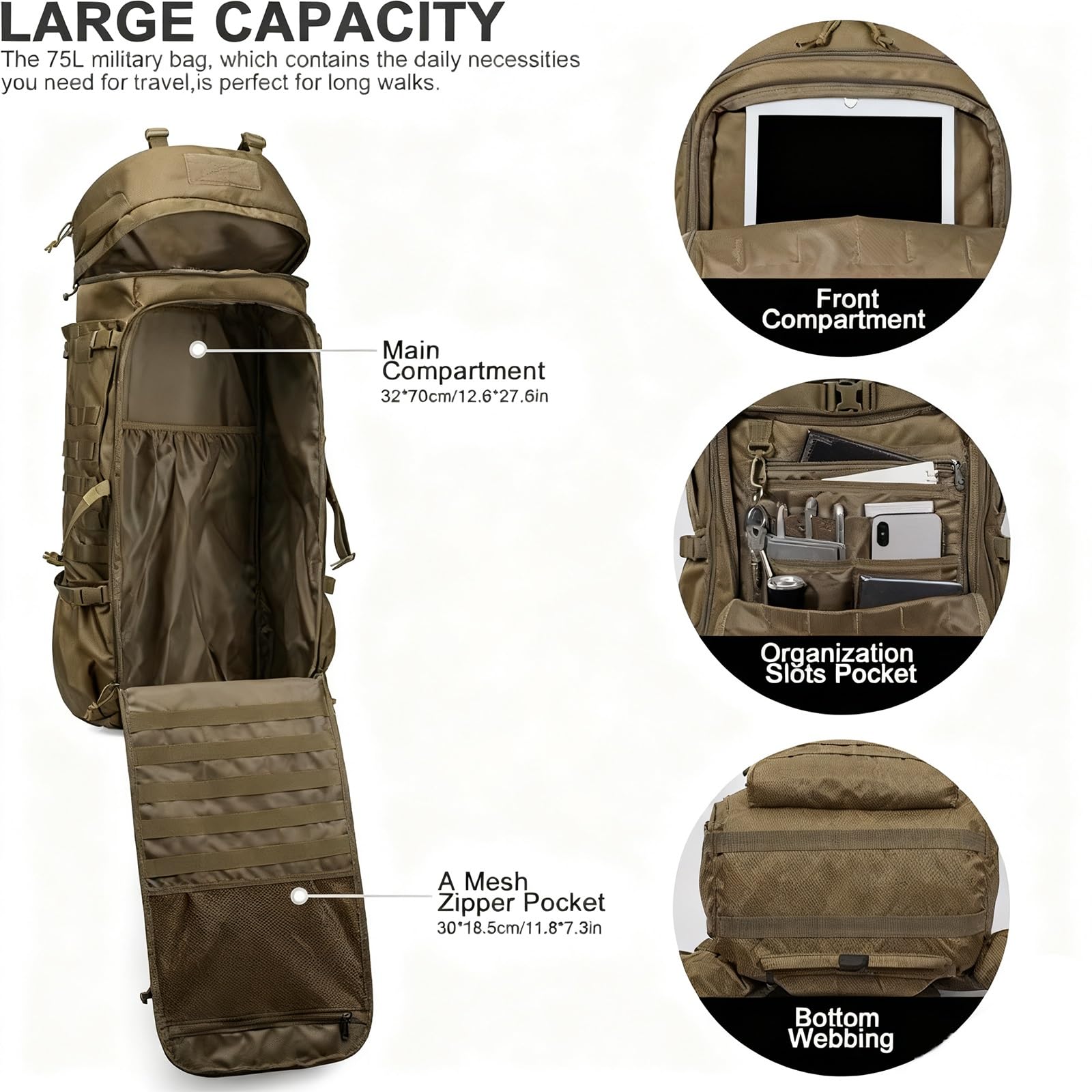 Mochila Táctica 75 L Mochila Militar Grande Mochila con Funda Lluvia Sistema MOLLE | Unisex para Acampar Senderismo Montañismo Excursionismo Desplazamientos Diarios Pesca Caza