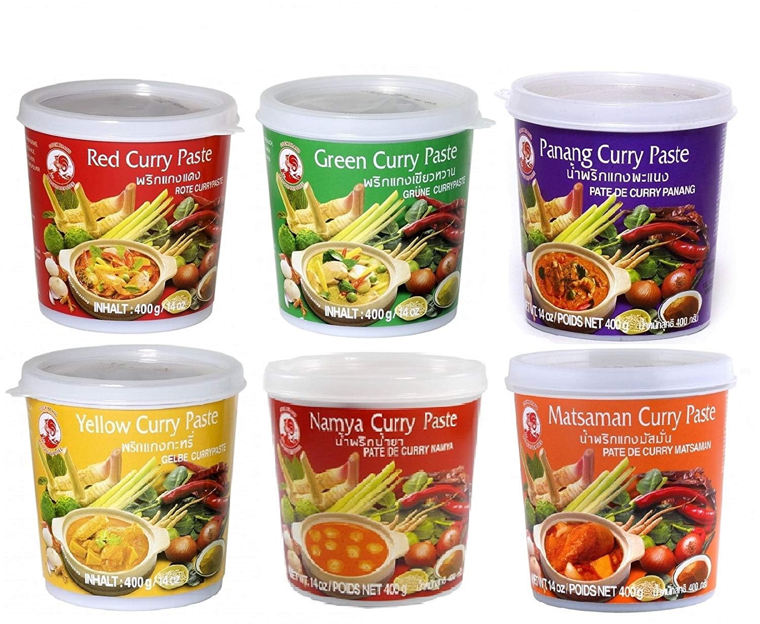 Cock Brand - set da degustazione Currypasten 6er Pack (6 x 400g) - 6 varietà, 1 lattina ciascuno