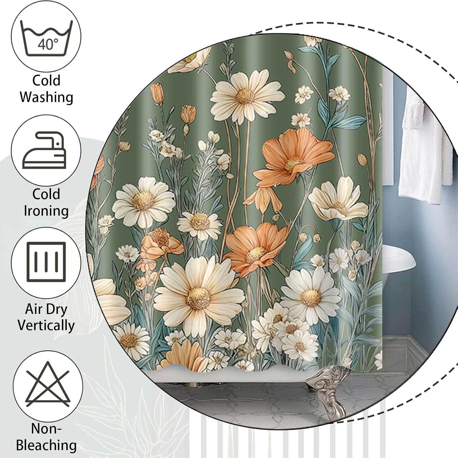 JAWO Vintage Green Boho Floral Shower Curtain, Boho Aesthetic Dark Wildflower Botanical Flowers Shower Curtain for Bathroom with Hooks, Farmhouse Plants Art Chic Bathroom Accessories Set, 72X75 inch