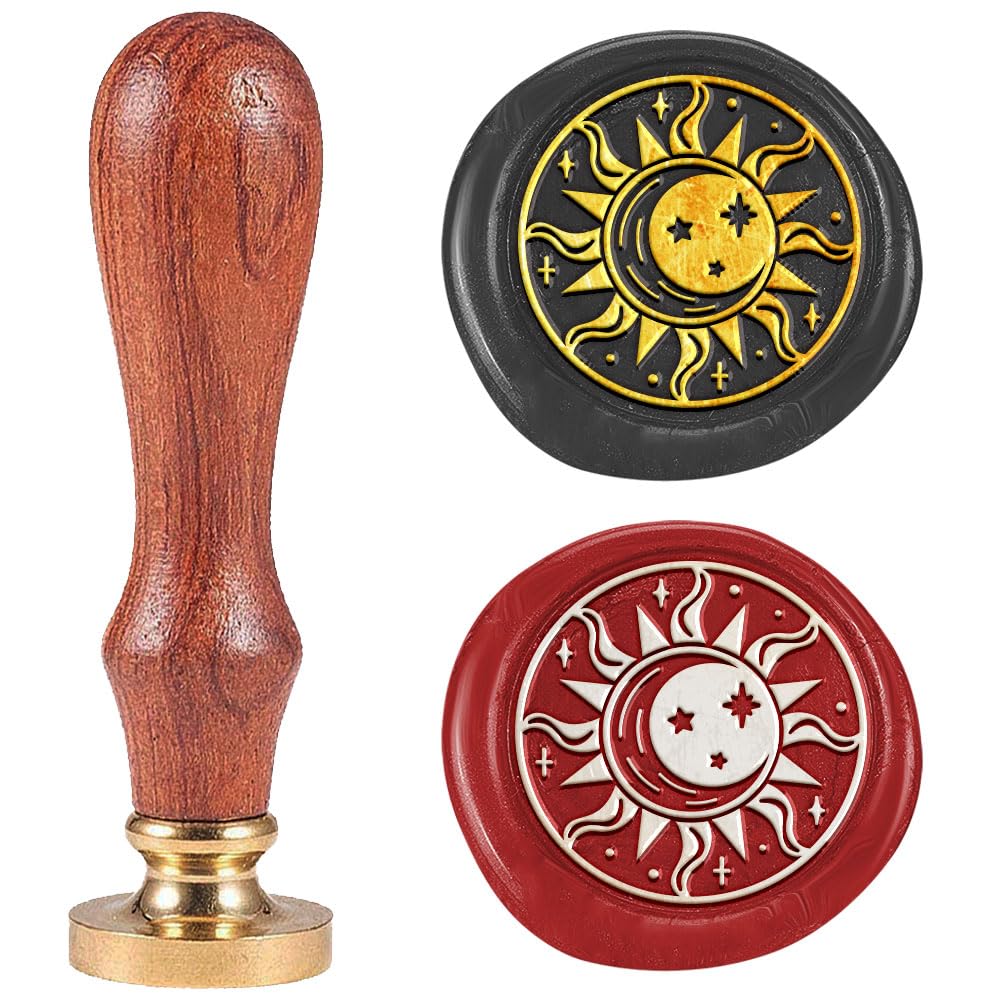 DELORIGIN Sun Moon Wax Seal Stamp 1" Vintage Sealing Stamps Removable Brass Head Seal Stamp with Wooden Handle for Envelope Greeting Card Christmas Wedding Invitations Wine Gift Wrapping