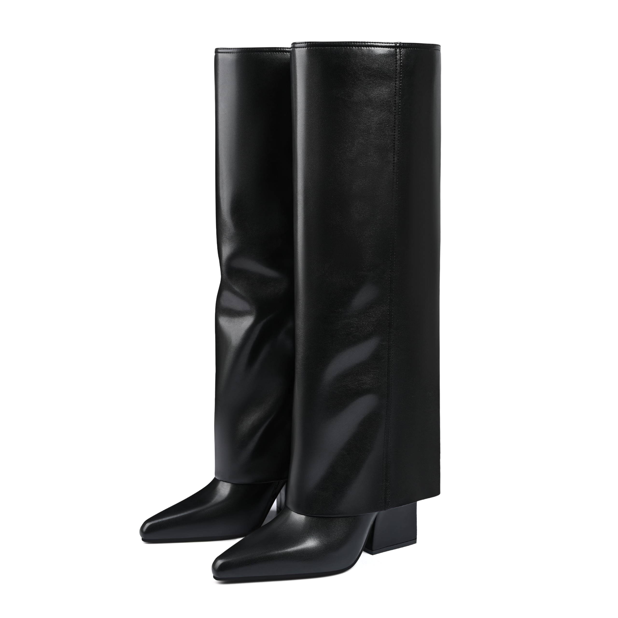 Vaslemuse Knee High Boots for Women Fold Over Pointed Toe Shark Tall Boots Block Low Heel Long Boots with Side Zipper