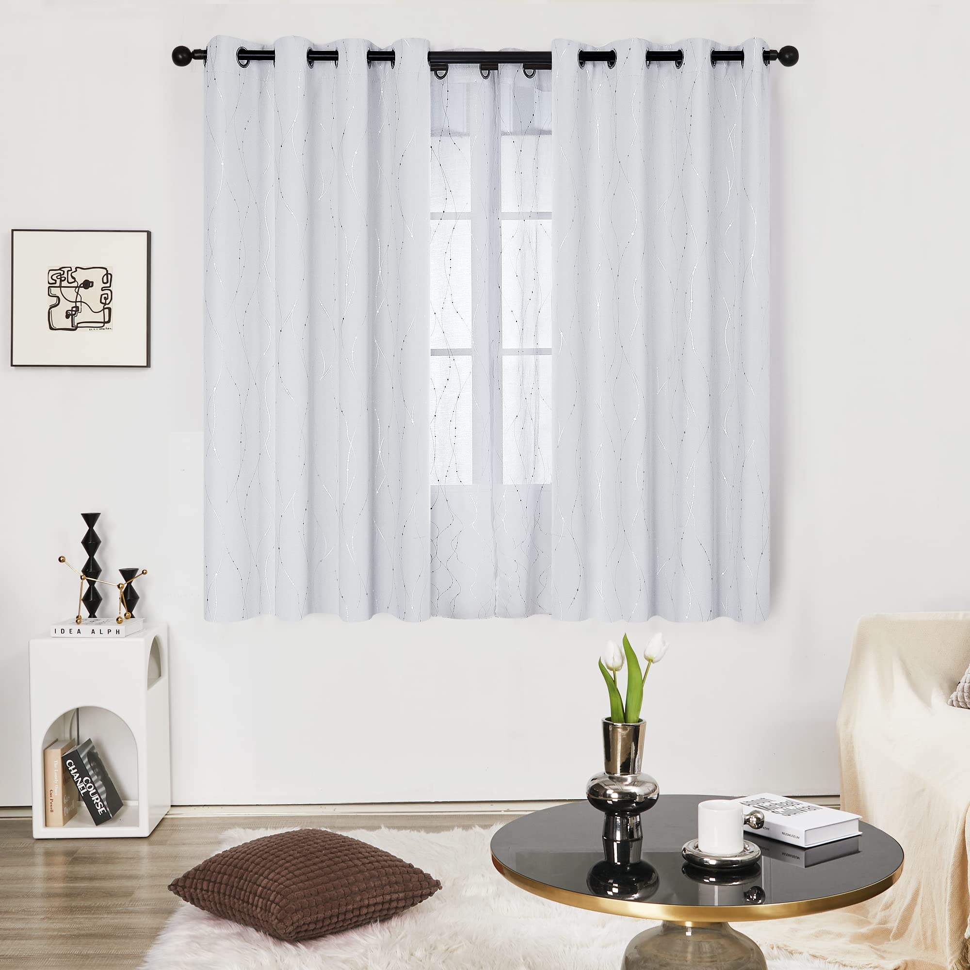 Deconovo Blackout Curtains for Kitchen, 45 Inch Length, Pack of 2 - Thermal Insulated Curtains, Dots Pattern, Curtains for Dining Room (52 x 45 Inch, Greyish White, Set of 2)
