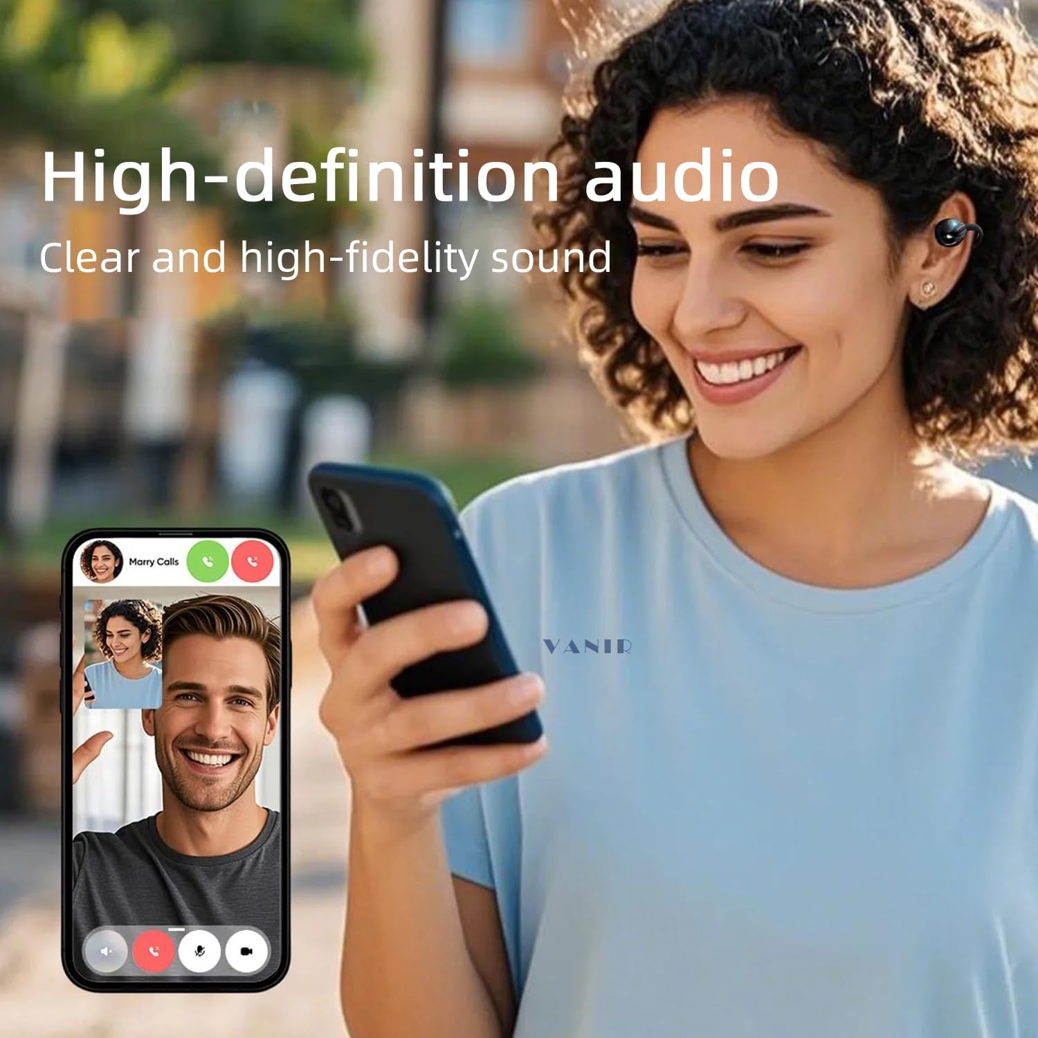 Person making a call using VANIR Open-Ear Earbuds, showing clear audio
