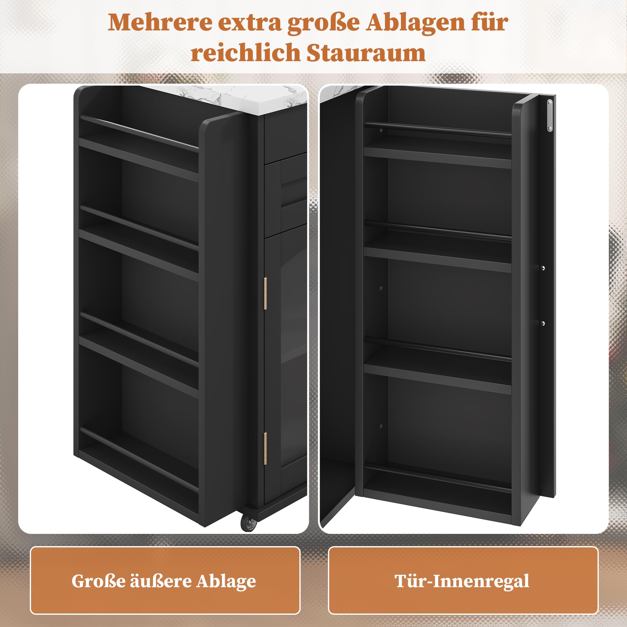 Mobilny wózek kuchenny, składany blat roboczy, z blokadą kółek, szafka ze szklanym frontem, boczny regał na przyprawy, wkład do szuflad, wieszak na ręczniki, regulowane półki, funkcja baru, korpus MDF