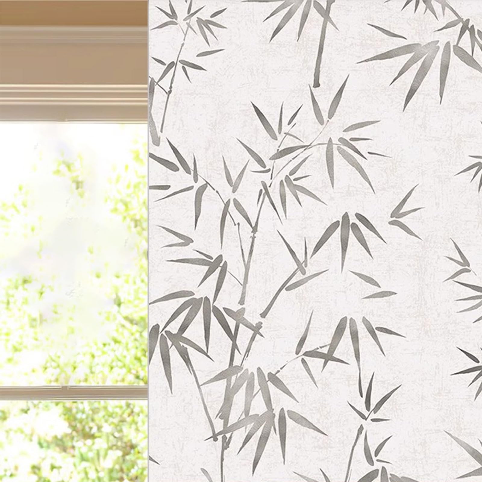 Eiauiuo Window Frosted Glass Film – Opaque Privacy Film For Living Room, Bedroom, Kitchen – Static Cling, Non-Adhesive, Bamboo Pattern Decorative Window Sticker(Gray,30x200cm)