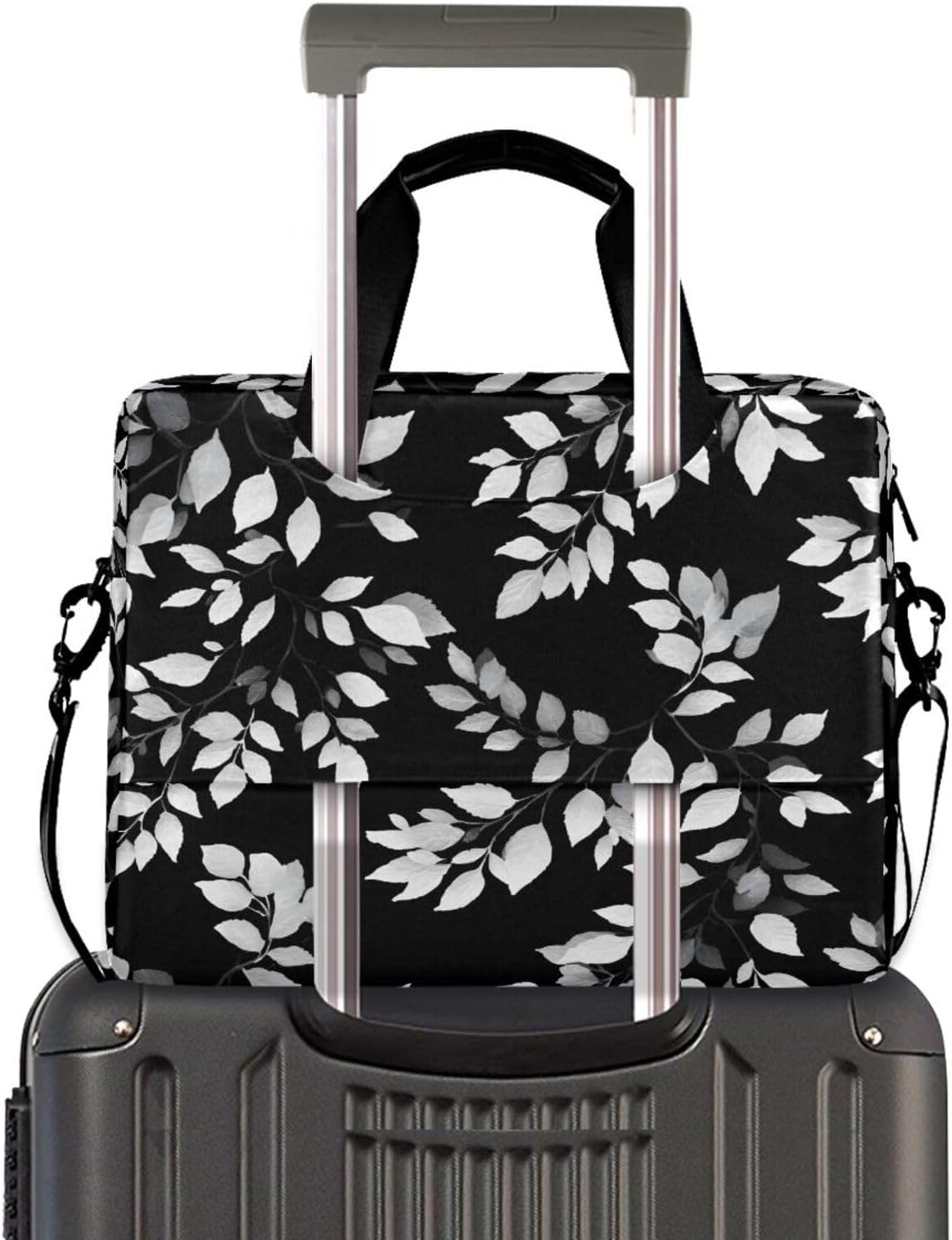 Leaf Black Pattern Print Laptop Shoulder Bag Sleeve Case with Multi-Pockets Messenger Bag Briefcase Fits 13-16 in Laptops Tablets