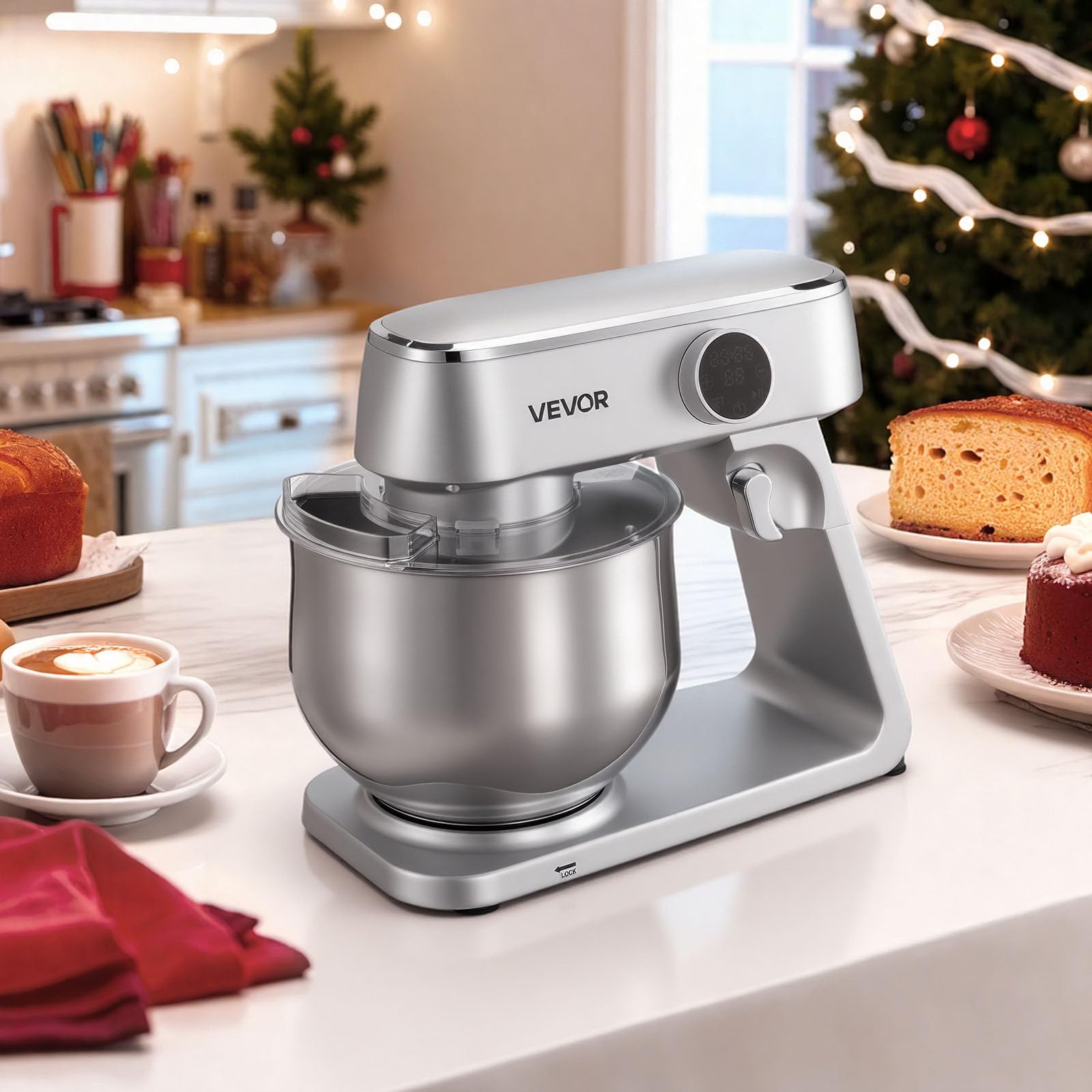 VEVOR Batidora de Pie, 1800 W, Bol de Acero Inoxidable, 7,4 L, Gancho para Amasar, Batidor y Varillas, 10 Velocidades, Inclinación Ajustable, 411 x 253 x 342 mm, a Mezclar Crema, Verduras y Masa