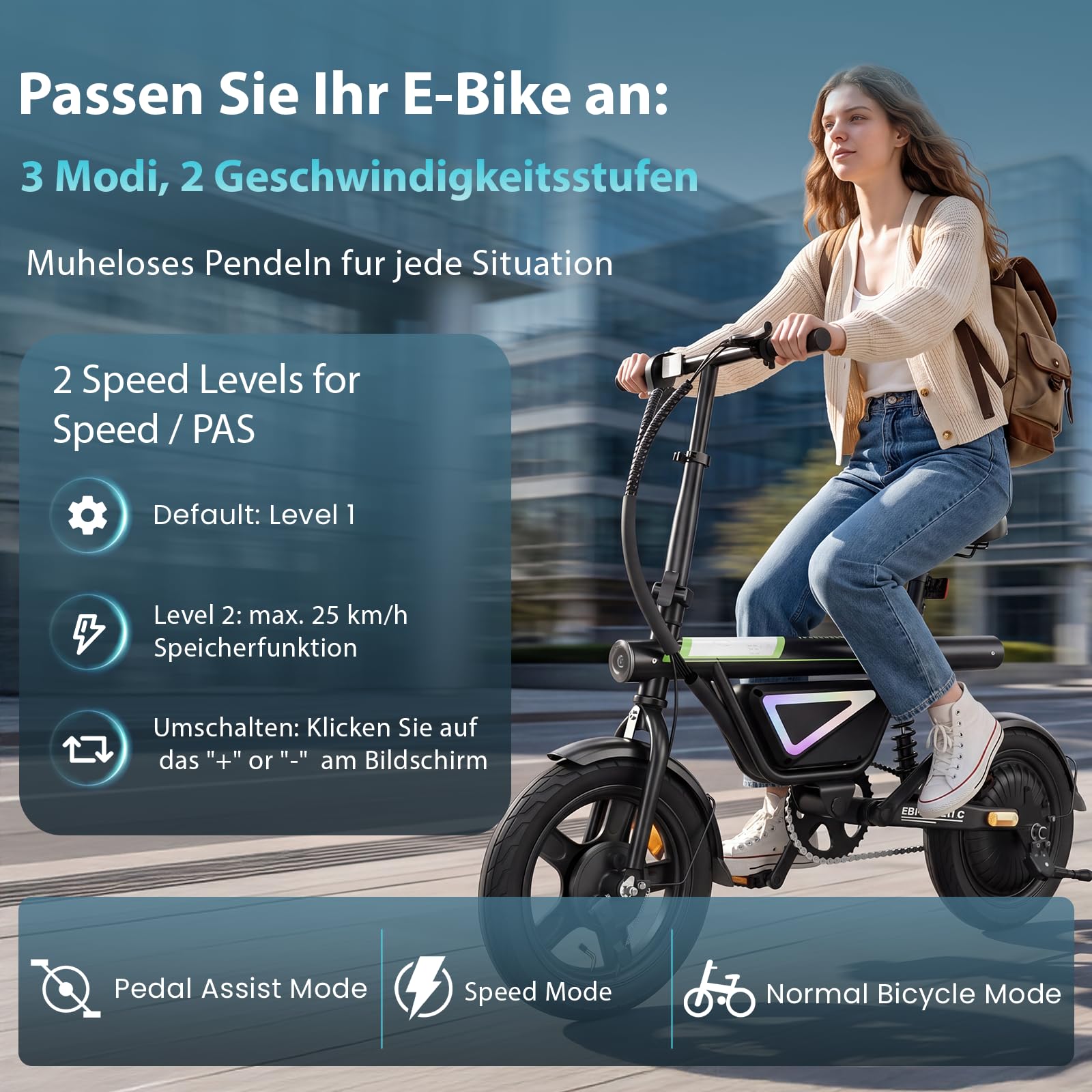 Finbike E-Bike Klapprad 14 Zoll, Pedelec Elektrofahrrad für Herren & Damen, 36V 12Ah Akku, 50KM Reichweite, 250W Motor, APP-Steuerung, Faltbares City Bike mit LED-Licht, Leicht & Kompakt für Pendler