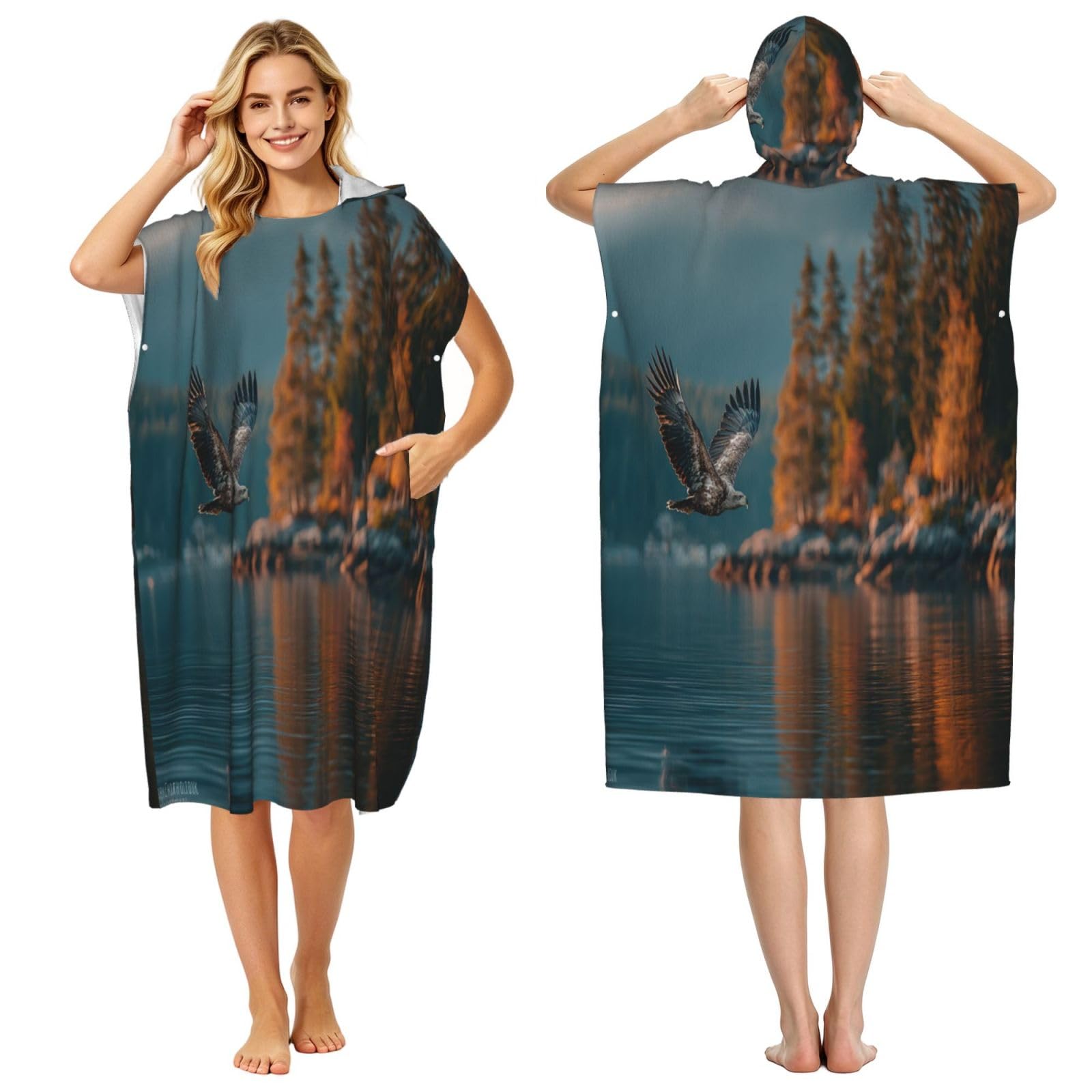 KLGRTJHK The Eagle On The Lake Adult Hooded Beach Poncho Towel 43"X35"