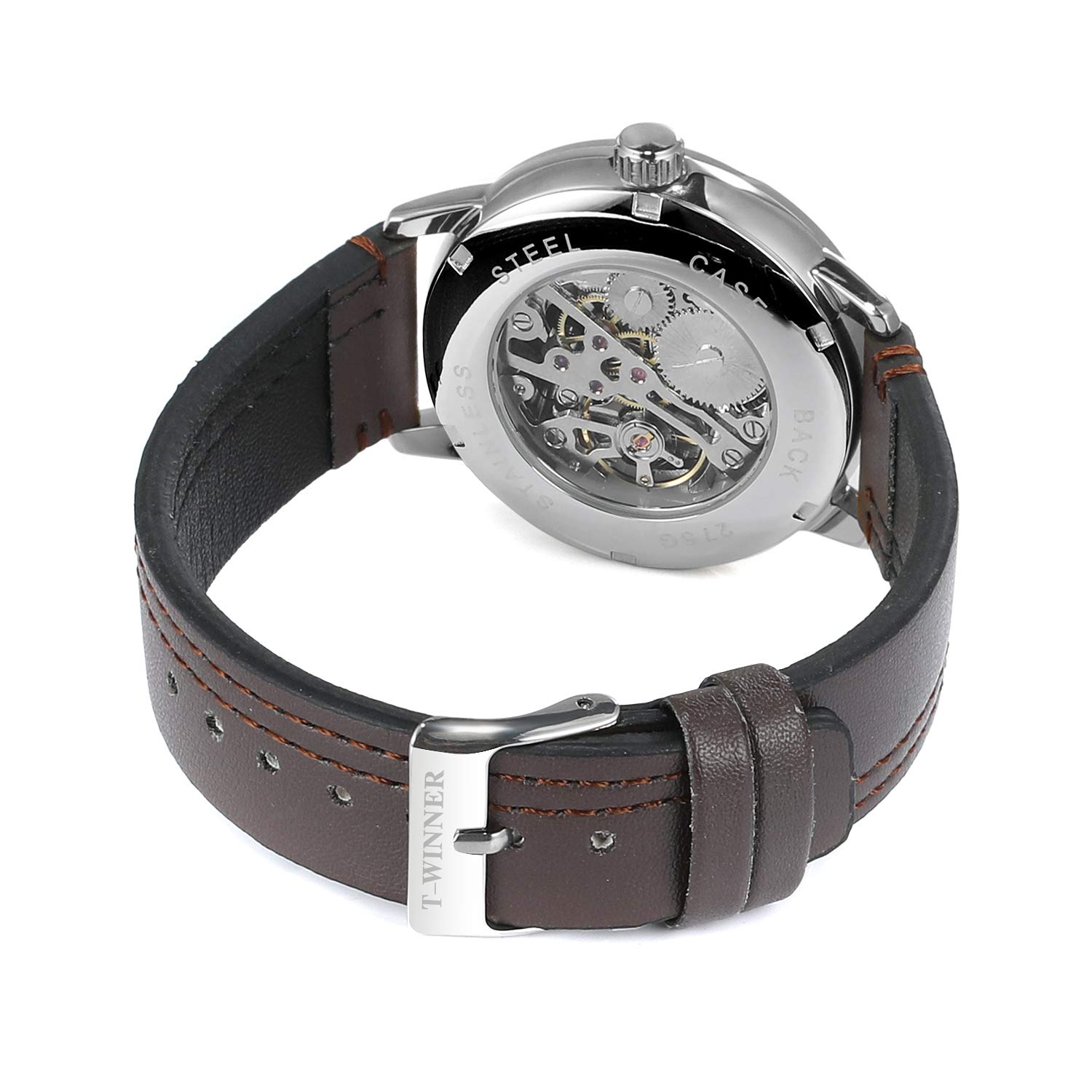 Forsining - Orologio da polso da uomo, elegante, meccanico, a carica manuale, quadrante bianco, cinturino in pelle marrone.