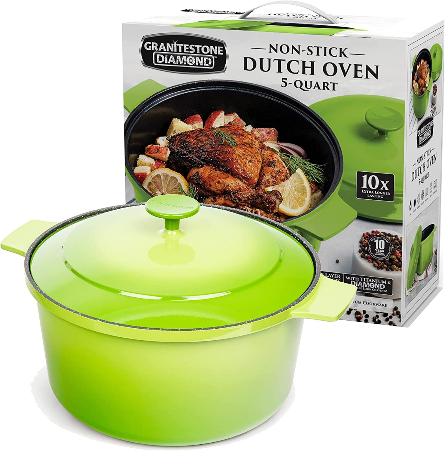 Granitestone Lightweight Dutch Oven Pot with Lid, 5 Qt Nonstick Dutch Oven Stock Pot, 10 in 1 Enamel Cooking Pot & Dutch Oven for Bread Baking, Stovetop Oven & Dishwasher Safe, 100% Toxin Freeâ€“Green