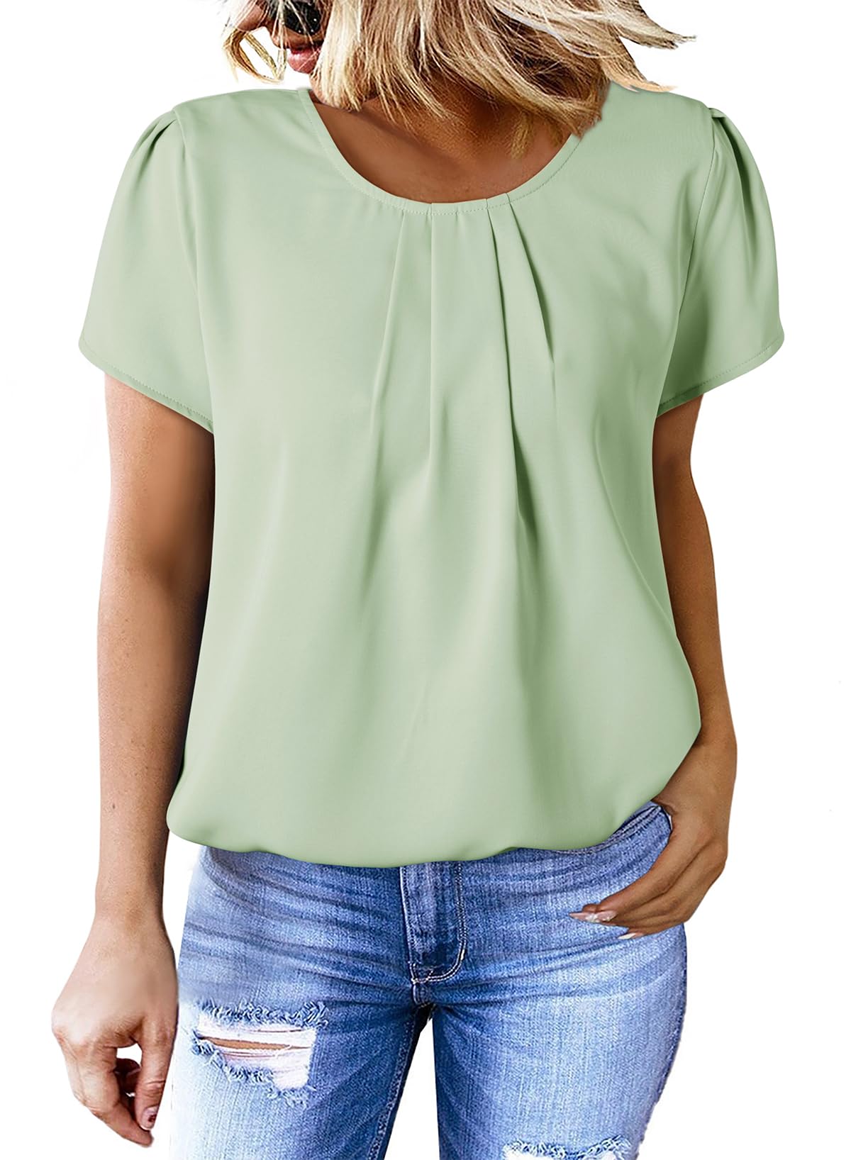 Dokotoo Women's Casual Round Neck Basic Pleated Tops Short Sleeve Loose Fit Curved Back Chiffon Blouses Tshirts