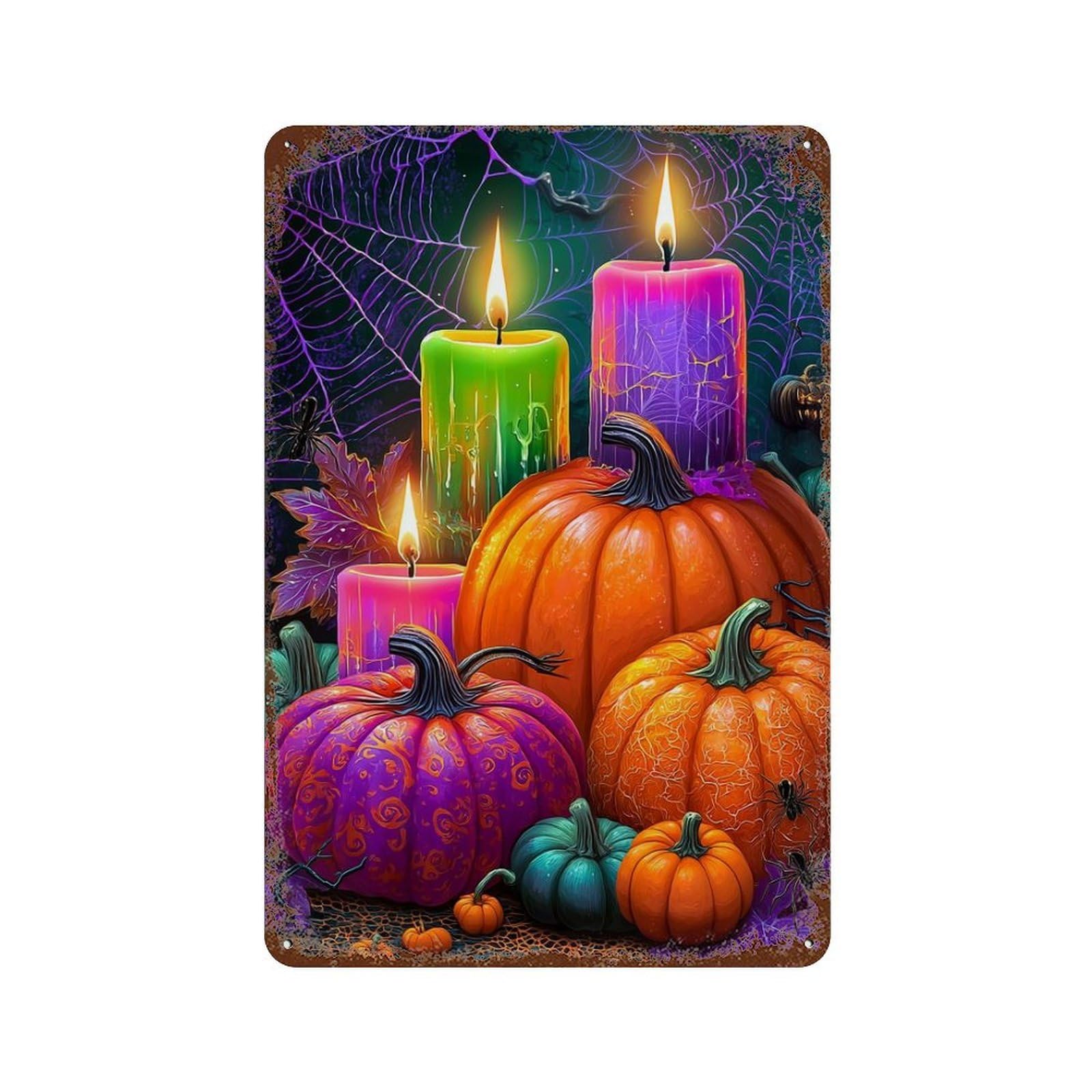 Garage Style Halloween Candles And Pumpkins Distressed Metal Wall Sign 11.8"x7.9", Classic Wall Plaque for Bar And Workshop