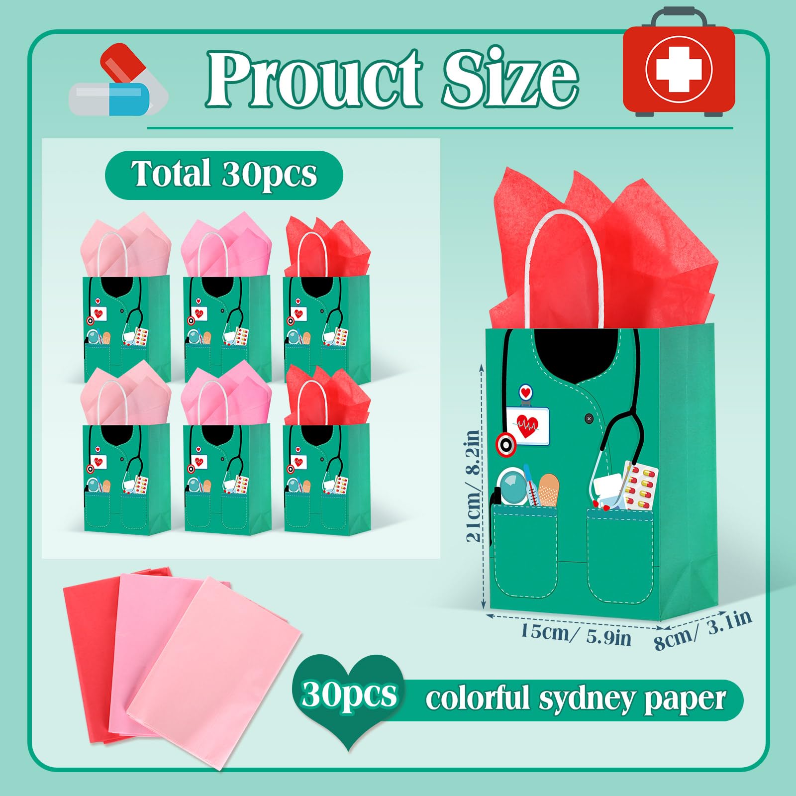 Nezyo 30 Pcs Nurse Gift Bags with 30 Wrapping Tissue Papers Nurses Appreciation Week Gifts Bags Stylish Nurse Appreciation Gifts for Thank Party Memorable Nursing Assistant Graduates Medical (Green)