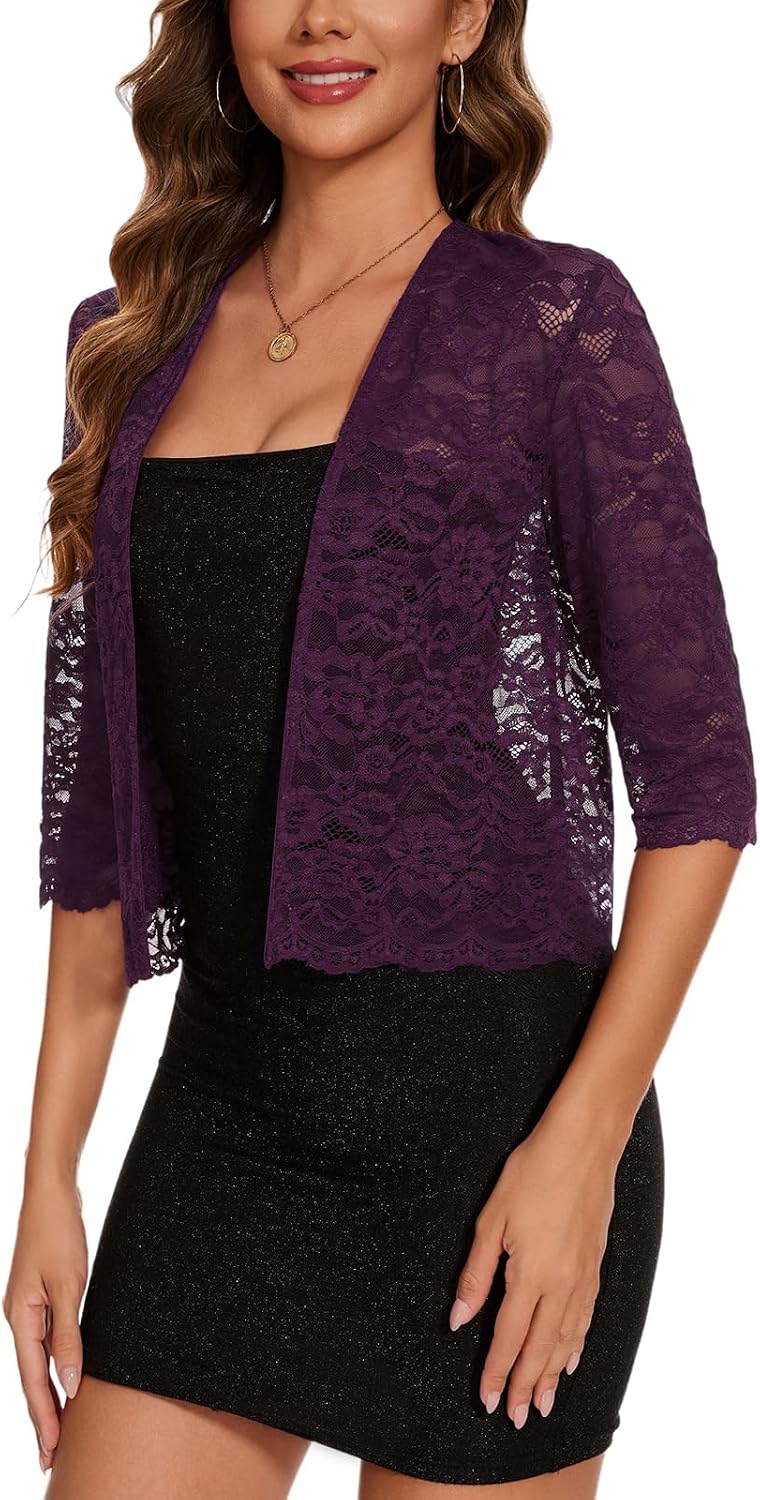 MINTLIMIT Women's Elegant 3/4 Sleeve Floral Lace Bolero Shrug Cropped Open Front Cardigan Shrug Tops