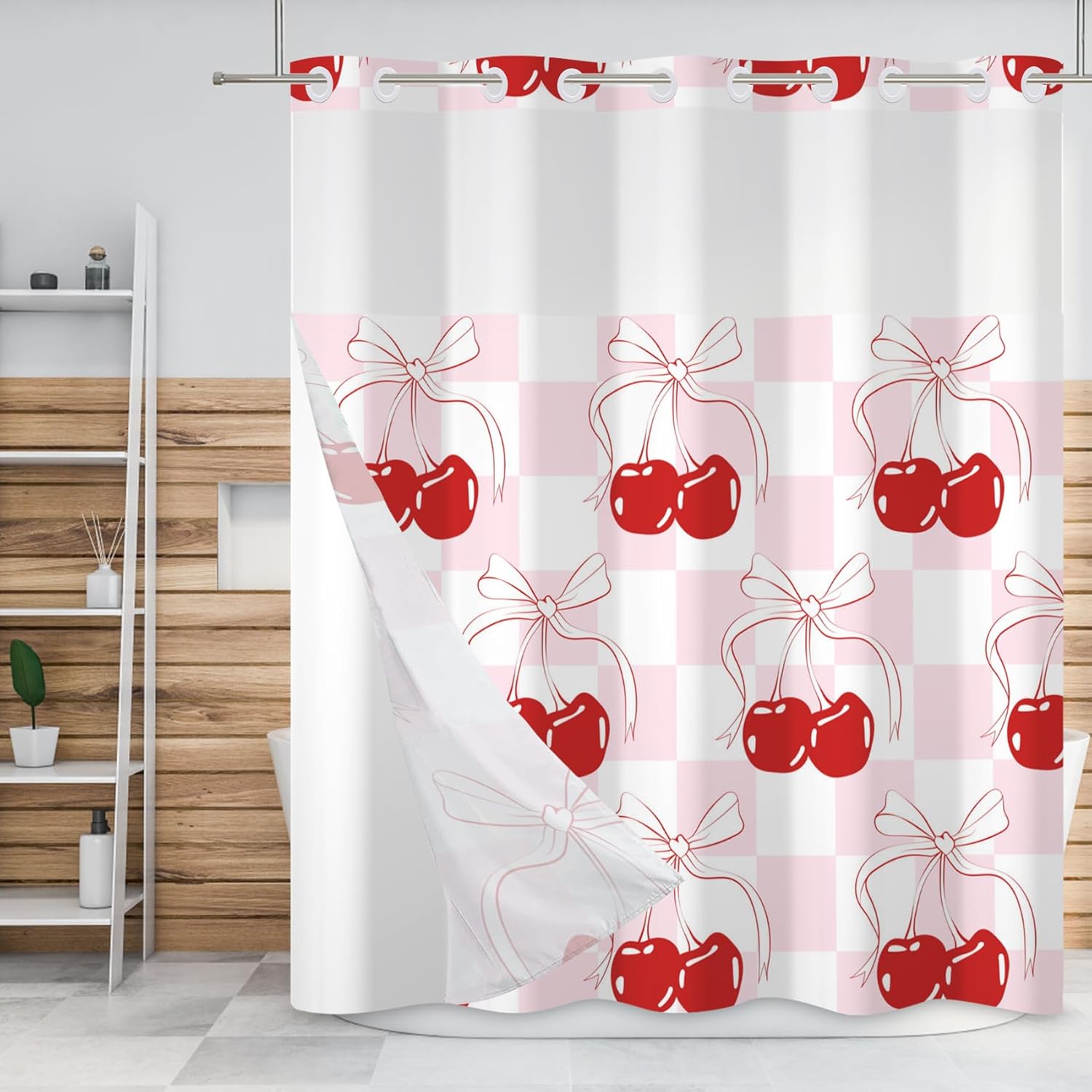 Baocicco No Hook Cherry Shower Curtain with Snap in Fabric Liner Set Pink Cherry Double Layer Bathtubs Hotel Curtain Set Buffalo Plaid See Through Top Window Open Grommet Bath Curtain 71x83 Inch