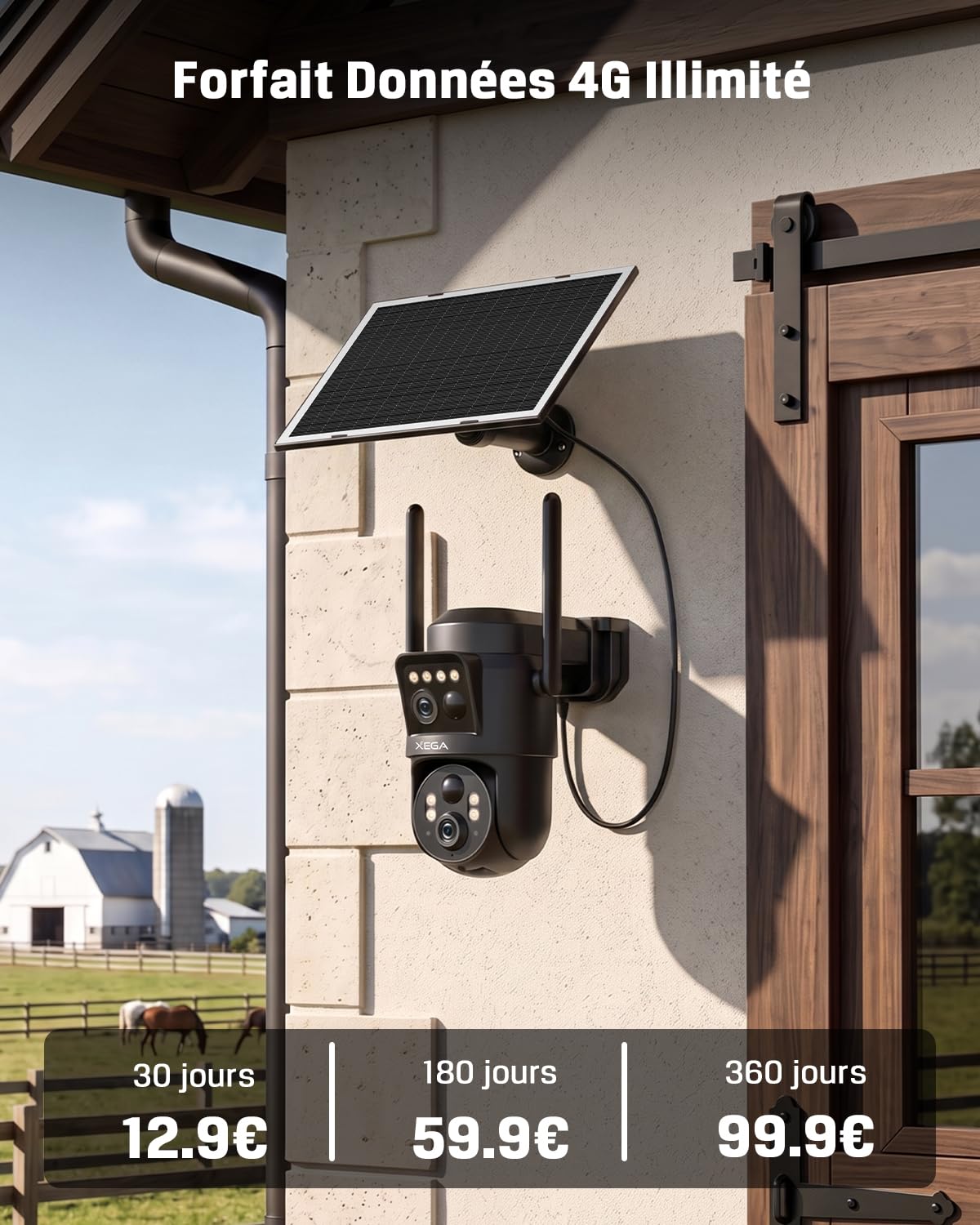 Xega 4G LTE Caméra Solaire Double Objectif avec Carte SIM Extérieure