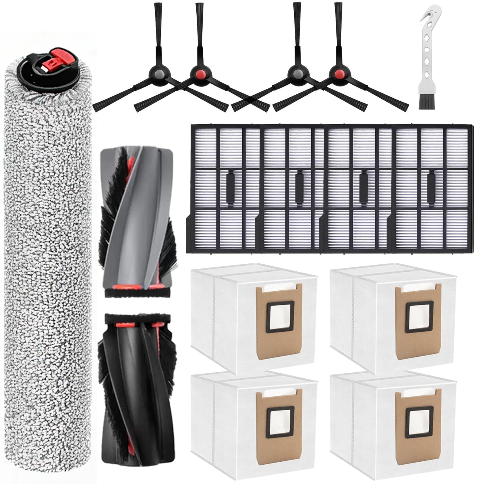 15 Pcs Accessories Kit Compatible with Eufy E25 Omni / E28 Omni Robot Vacuum Cleaner, 1 Main Brush, 1 Mop Roller, 4 Filters, 4 Dust Bags, 4 Side Brushes & 1 Cleaning Brush