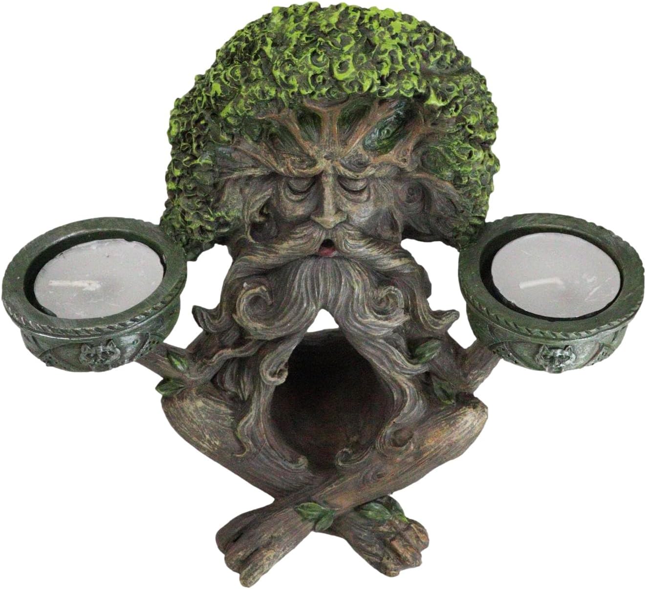 Ebros Gift Mystic Forest Celtic Greenman Tree Man God Ent Meditating Waterfall Smoke Backflow Incense Cone Burner and Double Votive Candleholders Figurine Horned God Tree of Life