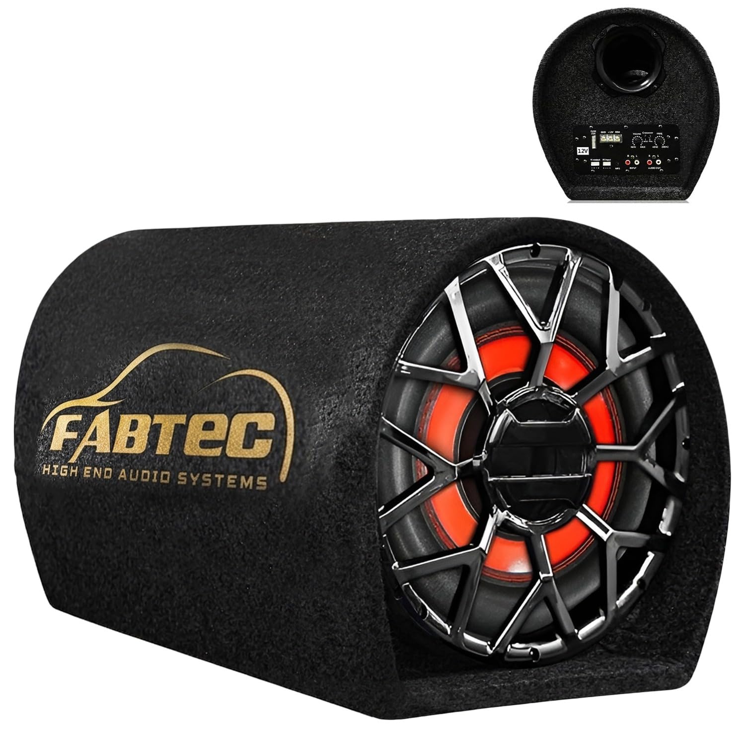 fabtec 10 inch grey bass tube for car, premium subwoofer with inbuilt amplifier - powerful audio and deep bass