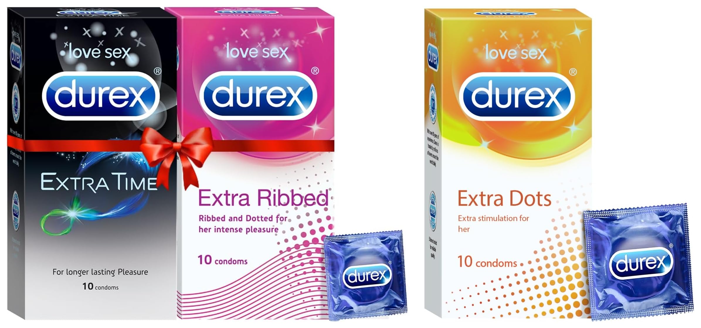 Durex Multi-pack Condoms for Men (Extra Ribbed, Extra Time) - 10 count (Pack of 2)|Ribbed and Dotted for Extra Stimulation & Durex Extra Dotted Condoms for Men - 10 Count-picture-21