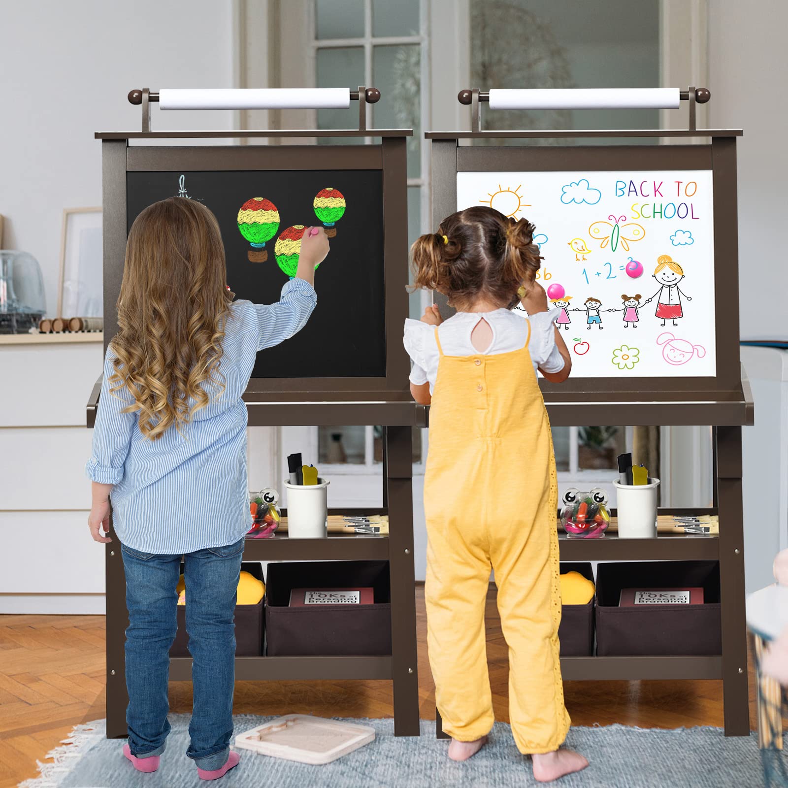 RELAX4LIFE 3 en 1 Pizarra Infantil, Caballete Pintura Niños con Rollo de Papel 5M, Caballete de Doble Cara con 3 Estantes, 2 Cajas, 2 Imanes y 2 Botes de Pintura, Regalo para Niños (Café)
