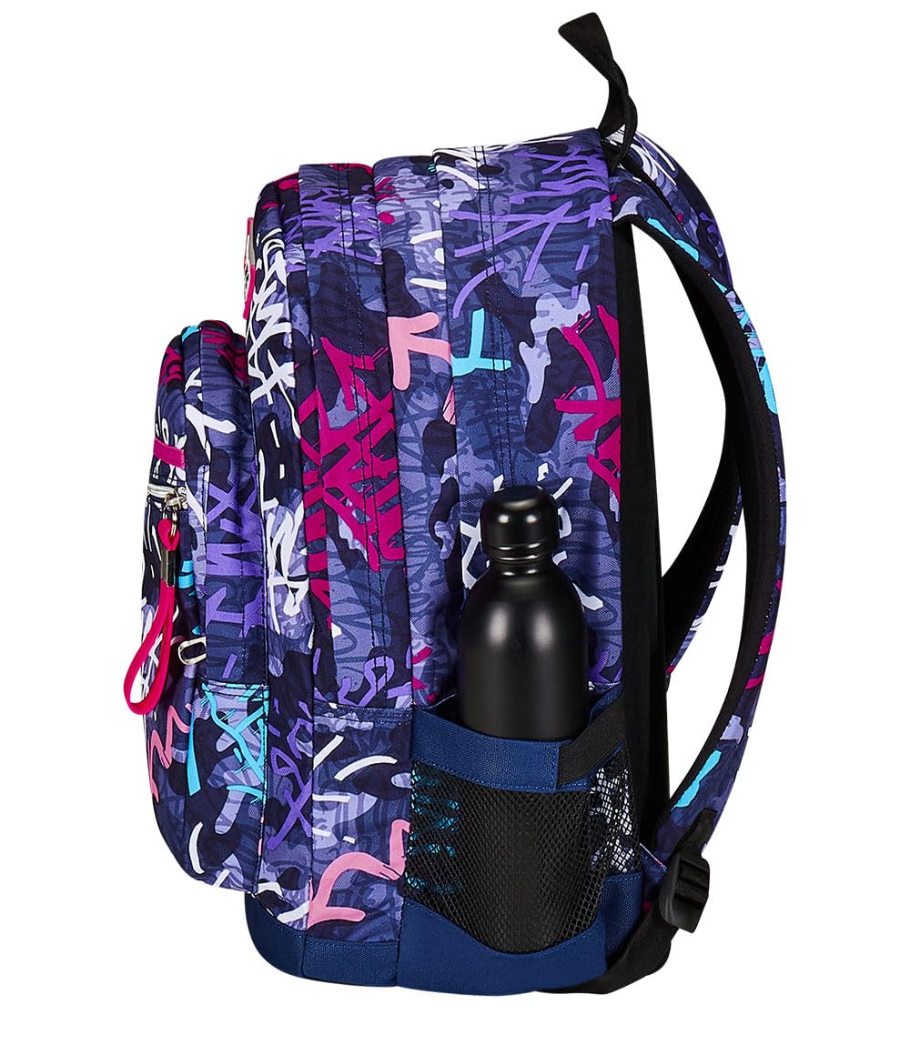 Seven Zaino Scuola Doppio Scomparto New Fit, GraffitiMix Viola Tasca Porta Borraccia, Bambini e Ragazzi + Astuccio 3 Zip + Portpenne