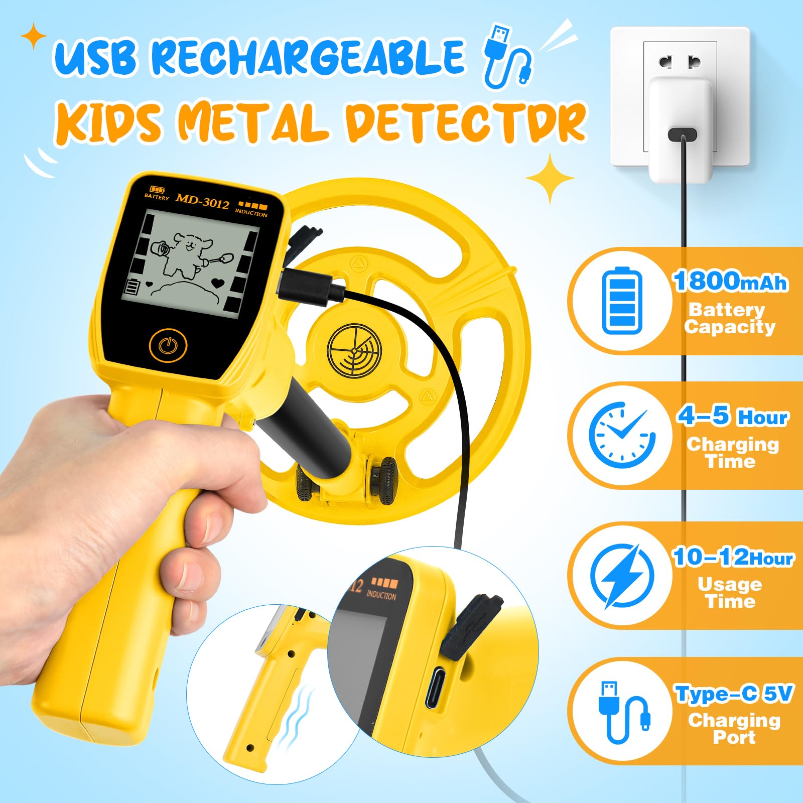 Détecteur de métaux pour enfants, rechargeable par USB, bobine de recherche étanche de 18,69 cm, poignée légère de 61 à 88,9 cm avec écran LCD pour exploration en plein air (jaune) | Détecteur de métaux pour enfants, poignée légère de 61 cm à 88,9 cm avec