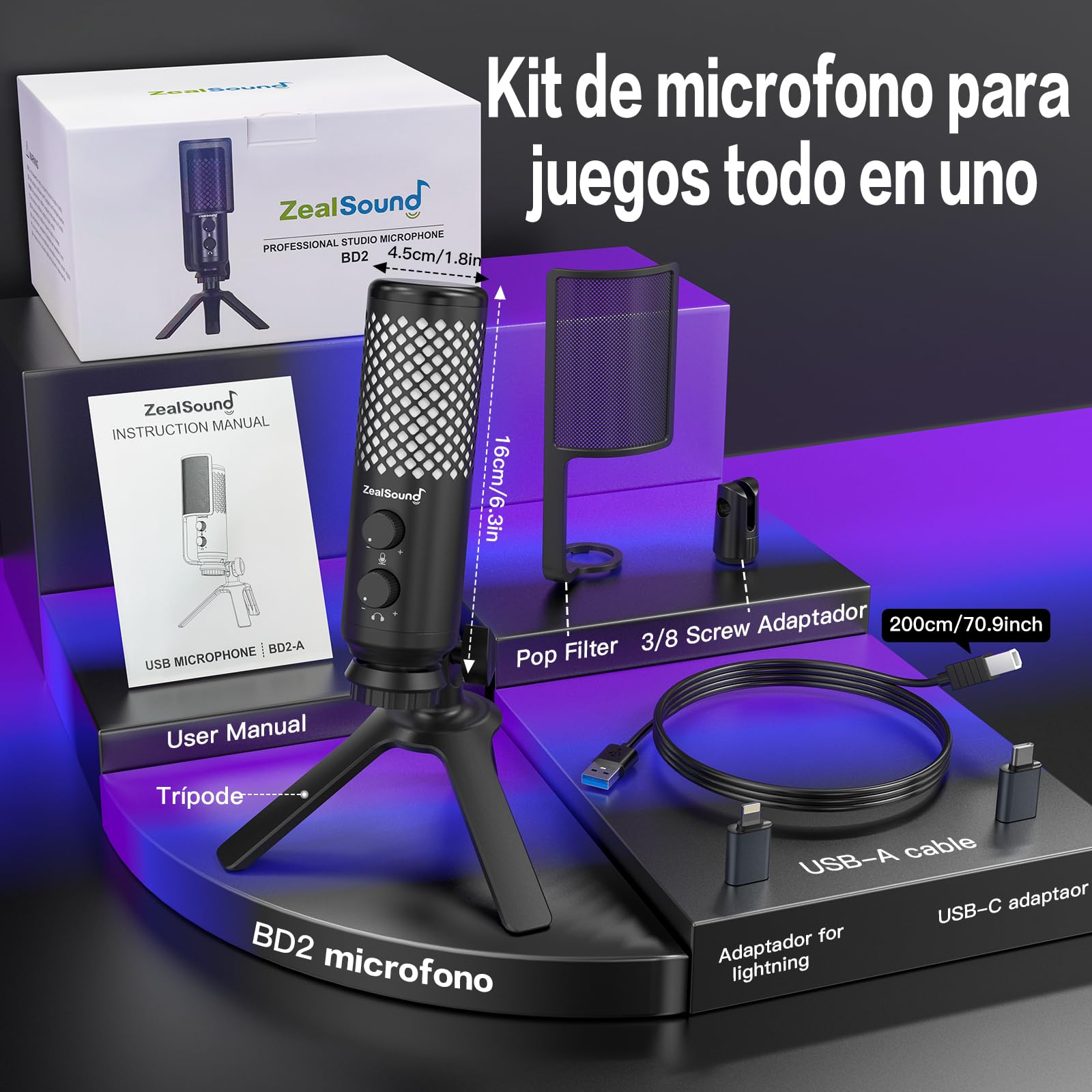 ZealSound Micrófono para Gaming para PC: micrófono USB de construcción metálica con botón de silencio, ideal para podcast, streaming, estudio, reuniones/clases online y grabaciones de audio, Mac y PS5