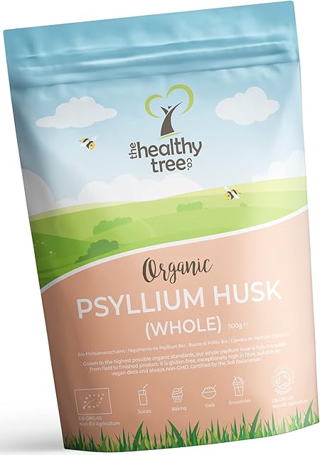 Organic Psyllium Husk (Whole) by TheHealthyTree Company - High Fibre Prebiotic - Vegan, Gluten Free Pure Organic Psyllium Husks (500g)