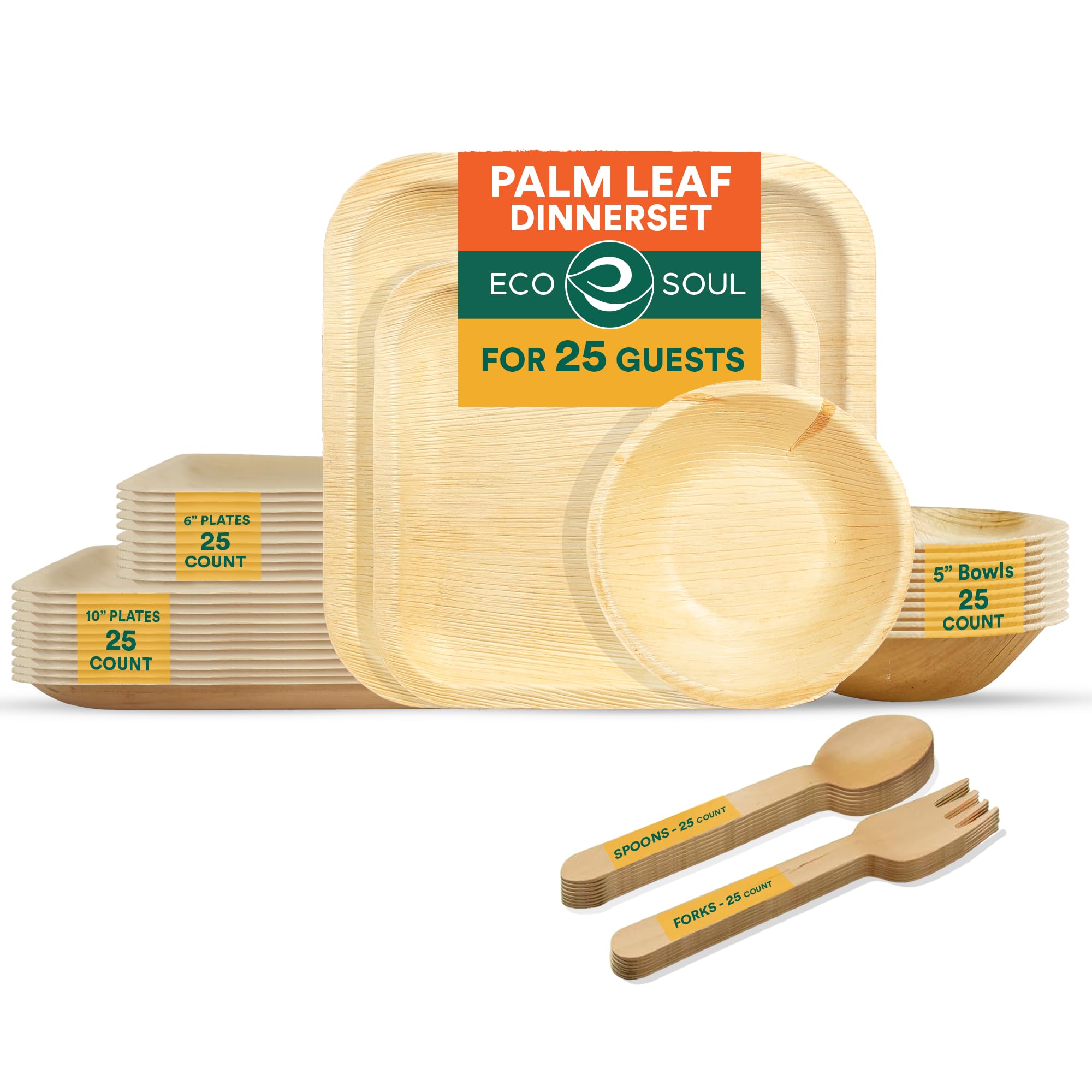 ECO SOUL [25 Pack] Palm Leaf Dinnerware Set |Biodegradable, Disposable Square Plate Set |Eco Friendly Tableware for Wedding, Birthday, Party |10 & 6 inch (25 cm & 15 cm) Plates, 250 ml Bowls & Cutlery