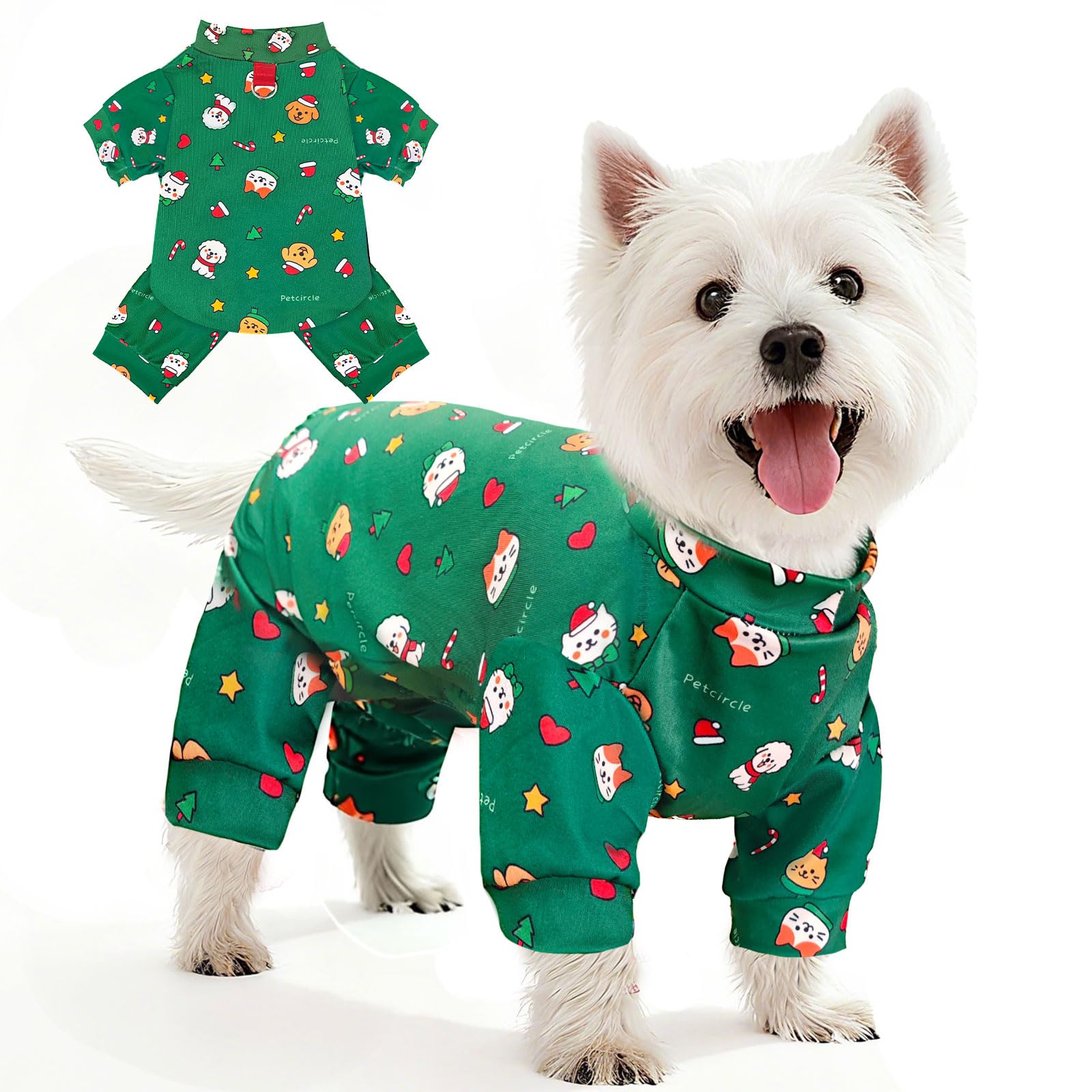 BAEJMJK Cute Christmas Dog Pajamas Stretchy Xmas Boy Girl Dog Clothes with D-Ring Holiday Pet Puppy Outfit Comfortable Warm Dogs Jumpsuit for Small Dogs Cats(Green,X-Small)