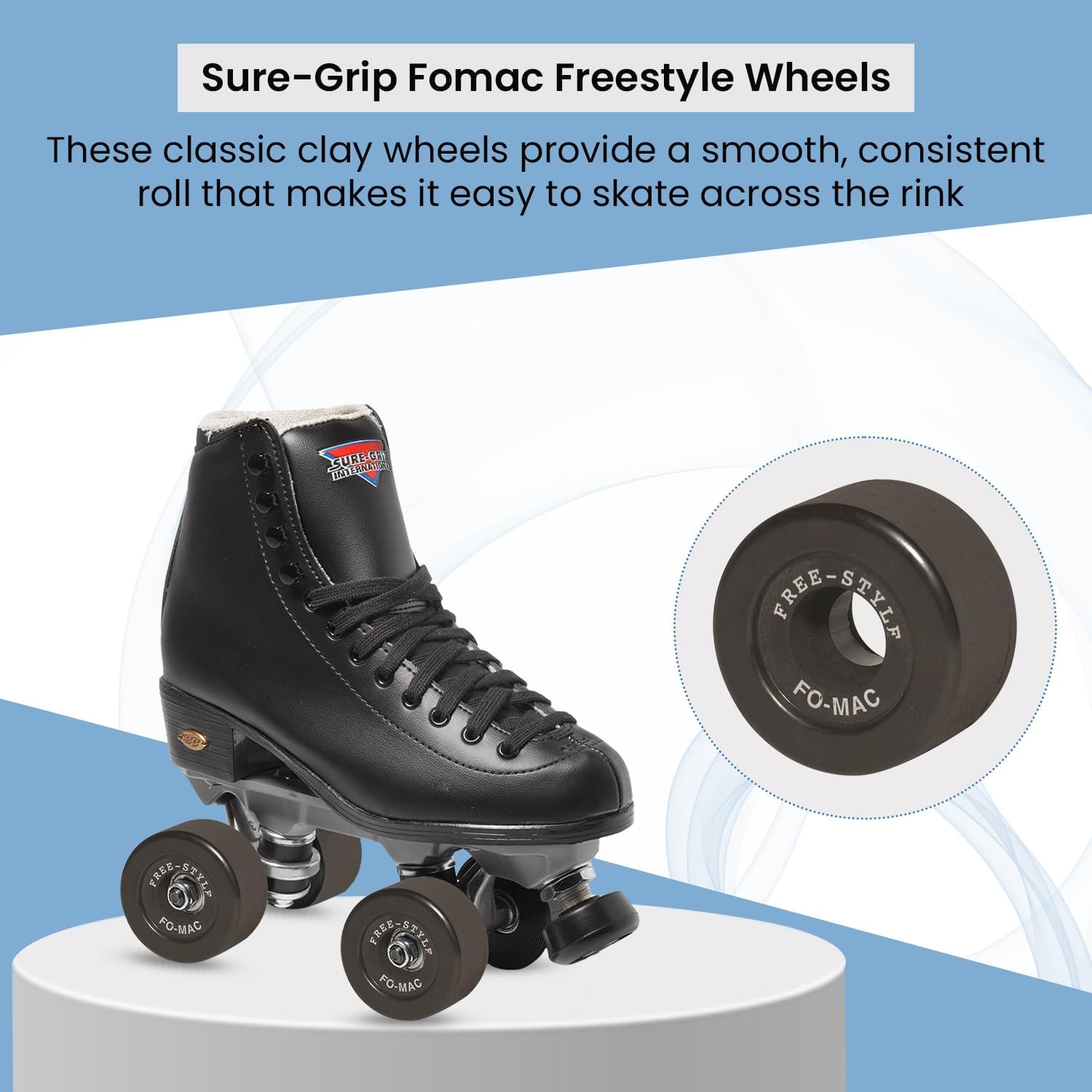 Sure-Grip Fomac Freestyle Roller Skater Wheels - Made of Vanathane Formula | 57mm Hard Indoor Wheels for Skating | Original Clay Roller Skate Wheel for Smooth Sliding - Pack of 8 (Black)