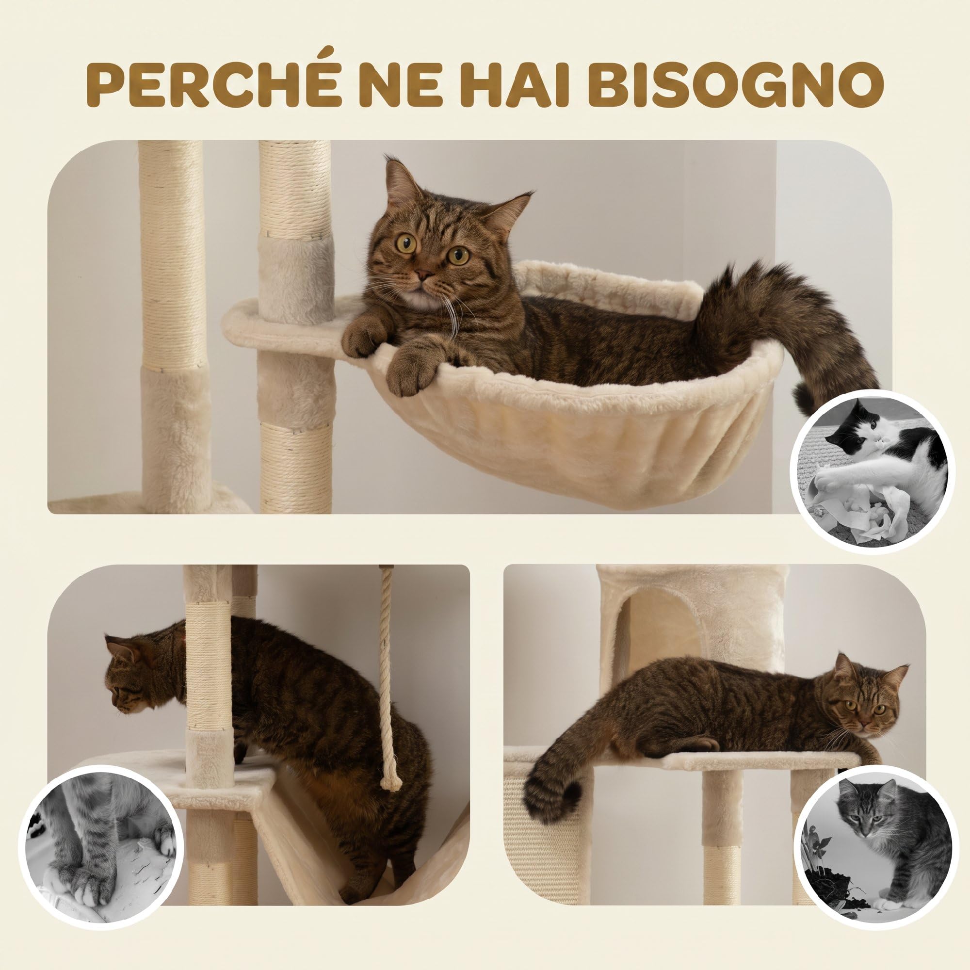 PawHut Tiragraffi per Gatti 206cm con 4 Pali Graffiatoi, Beige