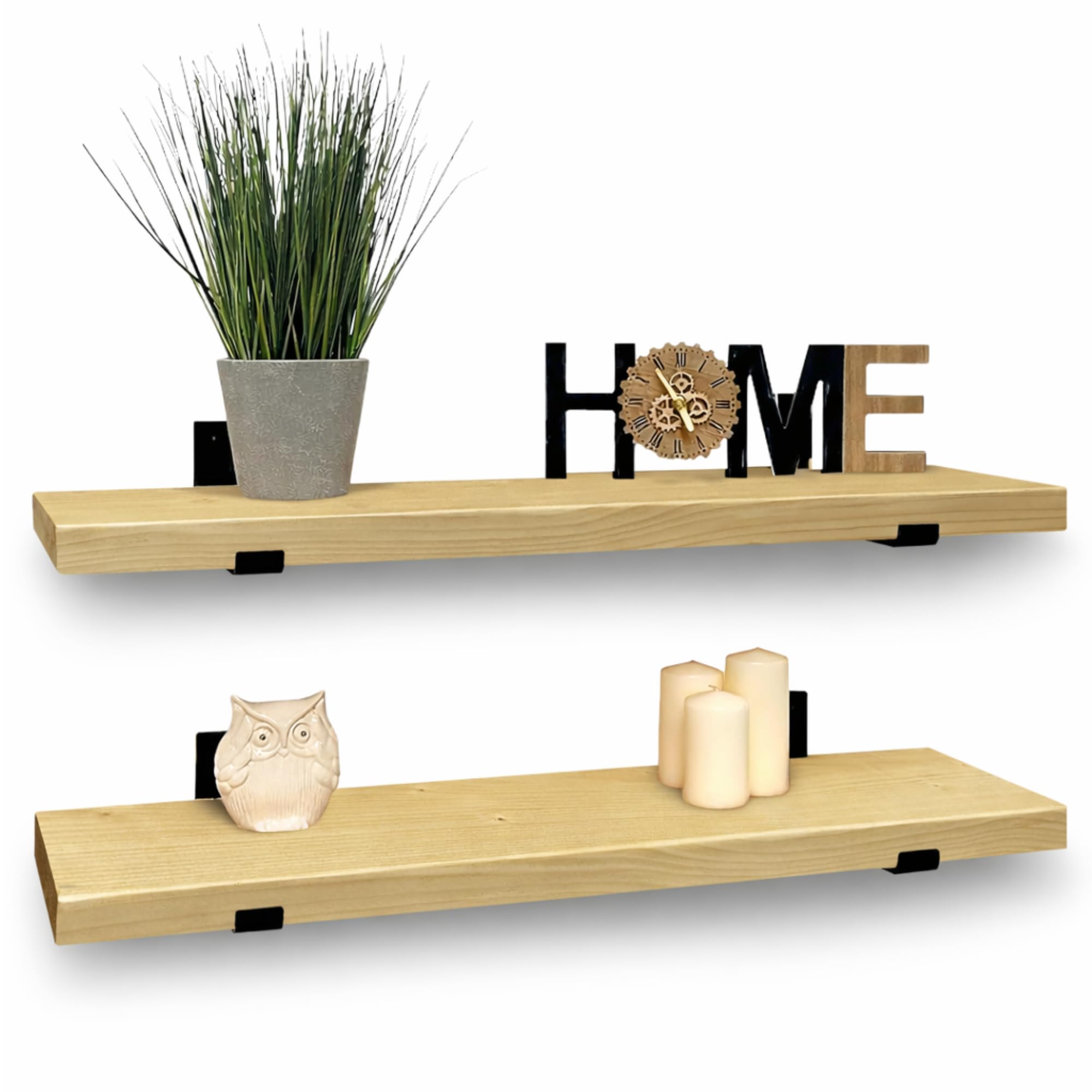 MKGT Handcrafted Rustic Wooden Floating Shelves, Solid Wood, Black L Brackets, Made in UK – Wall Mounted Shelf (Antique Pine Set of 2, 80cm)