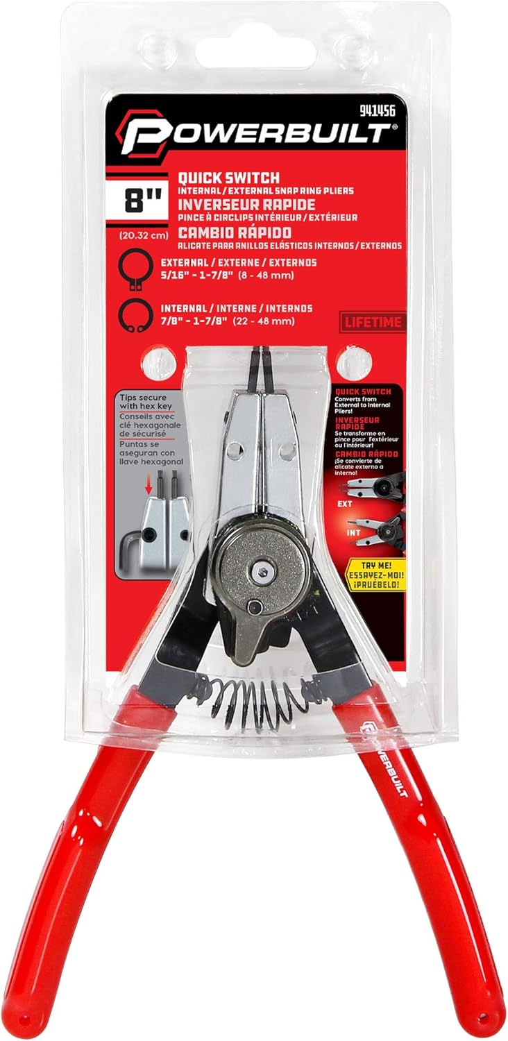 Powerbuilt Combo Switch Internal/External Snap Ring Pliers, Straight/Bent Jaw for Ring Remover, Extra Tips - 941456
