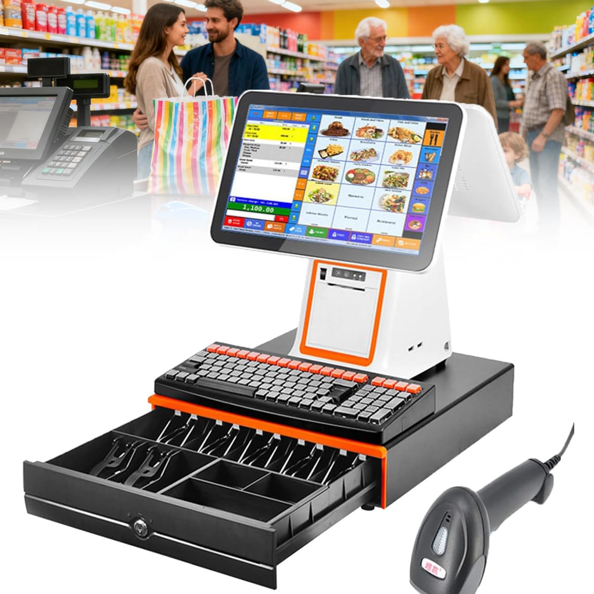 PtaTritious Smart Cash Register POS System Terminal Machine, 58mm Thermal Printer, with 15.6” Dual Touch Screen,with 8gb Ram, 128g Ssd, for Small Businesses and Retailers White