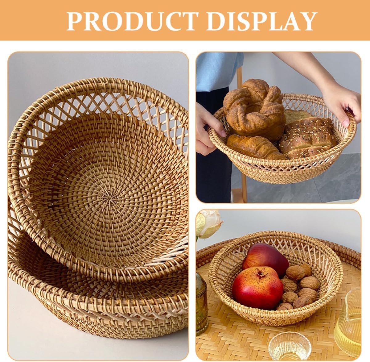 Toyvian Handwoven Small Rattan Fruit Basket and Bread Serving Basket for Snacks and Table Use in Living Room Or Kitchen
