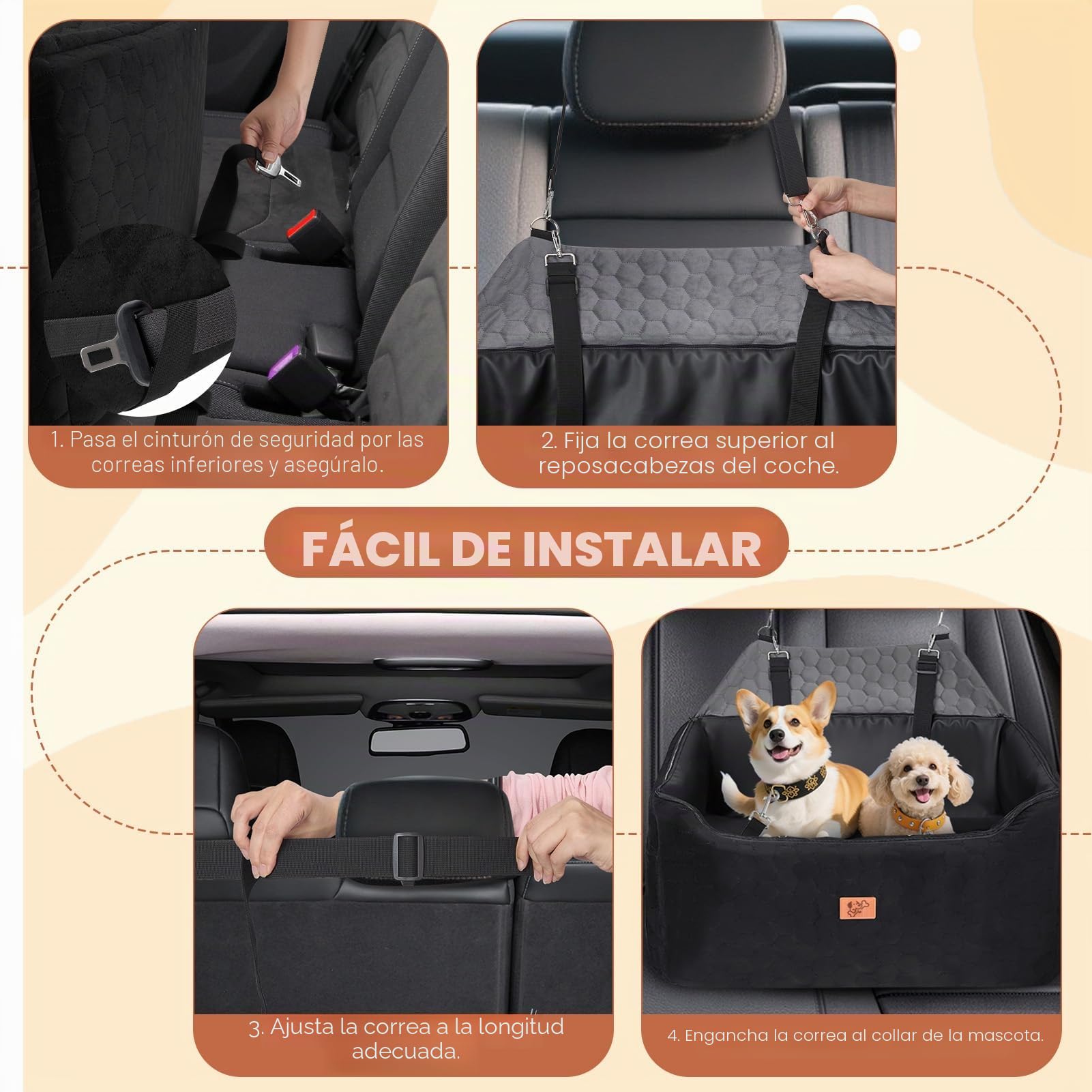 Asiento Perro Coche, Extra Estable Cama Perro Coche con Espuma Viscoelástica, Funda Lavable y Cinturón de Seguridad, Asiento Coche Perros Medianos y Grandes de hasta 55 kg, 78x55x53 cm