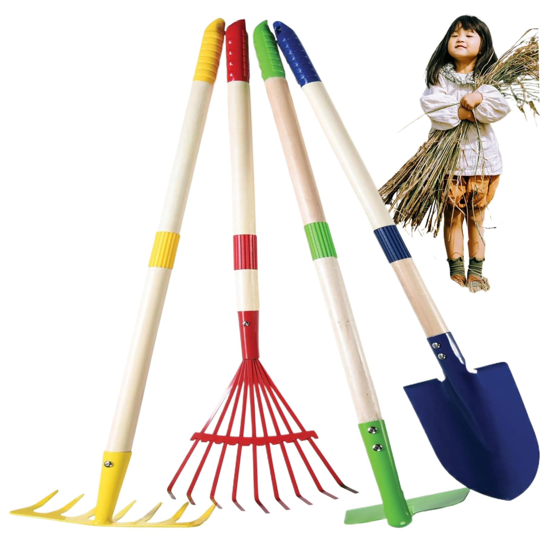 Outils de jardinage pour enfants en acier - Kit de 4 pièces avec râteau et pelles