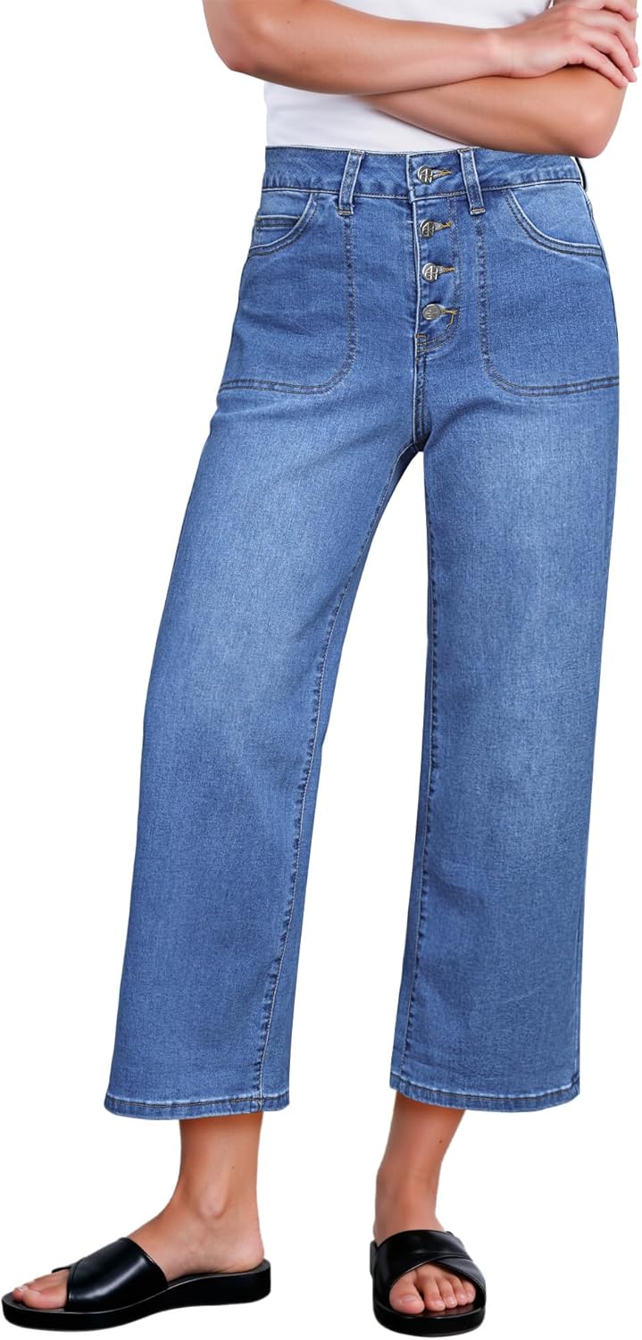 GRAPENT Wide Leg Jeans for Women Cropped Trendy High Waisted Button Fly Loose Straight Leg Stretchy Denim Trouser Jeans