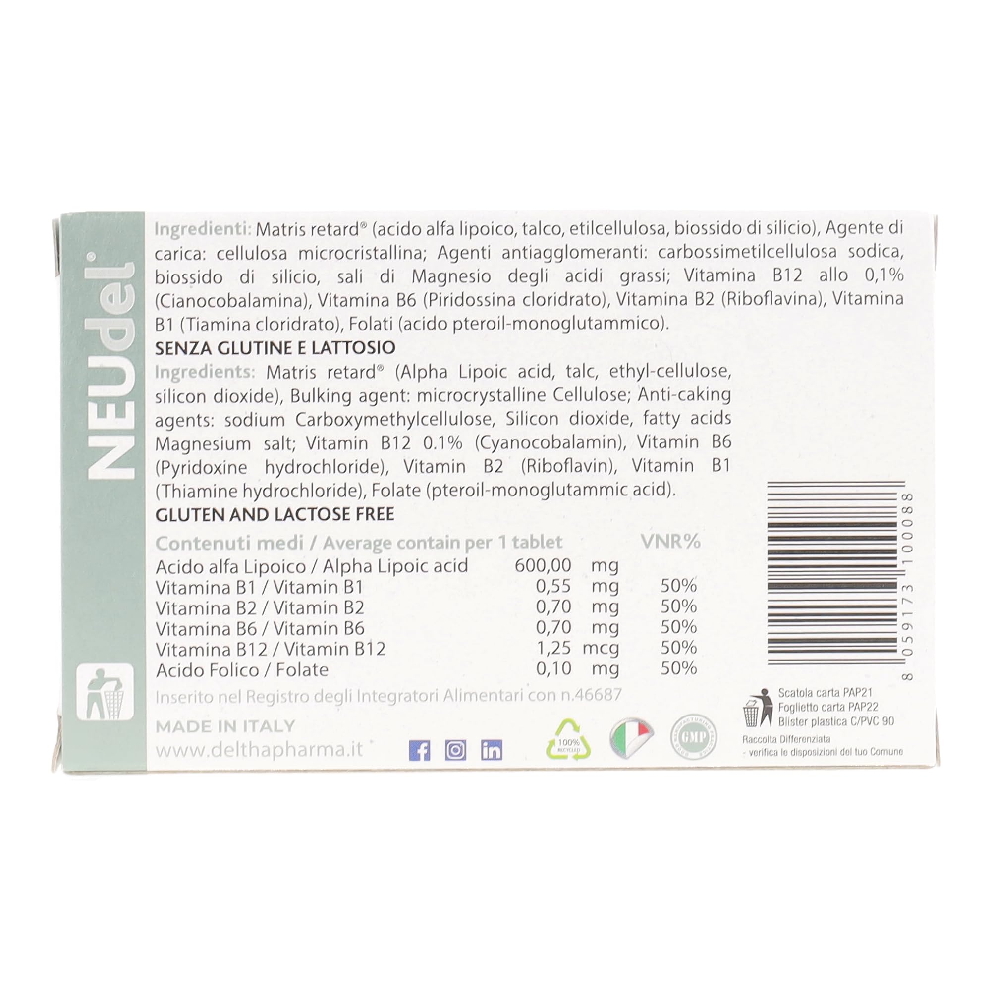 Neudel Integratore Alimentare Antiossidante e Antiage Acido Alfa Lipoico 600Mg a Rilascio Controllato Brevettato e Vitamine del Gruppo B, per la Funzionalità del Sistema Nervoso - 20 Cpr
