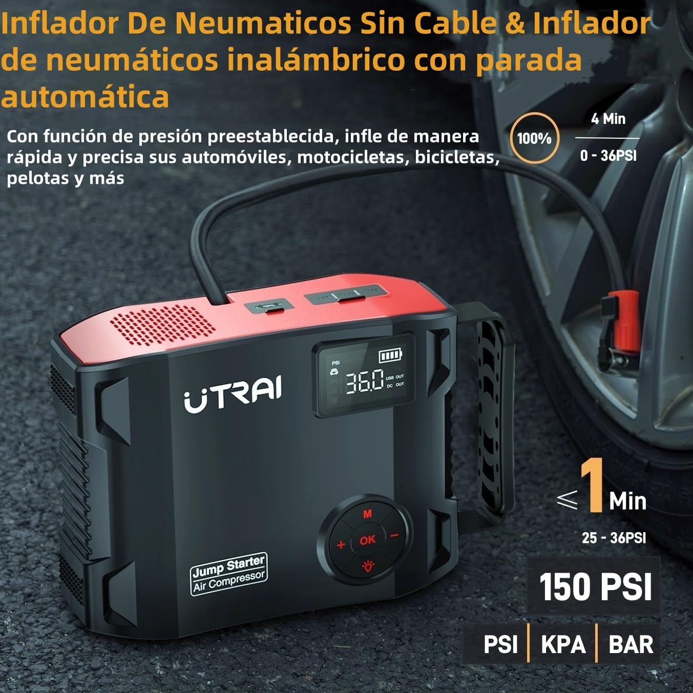 27000mAh Arrancador de Baterías de Coche con Compresor de Aire/18W Carga Rápida/Luz LED de 1600 lúmenes/160W DC out/Pantalla LCD/Carga rápida 3.0(All Gas o 12L Diesel) UTRAI 8000A Jump Starter