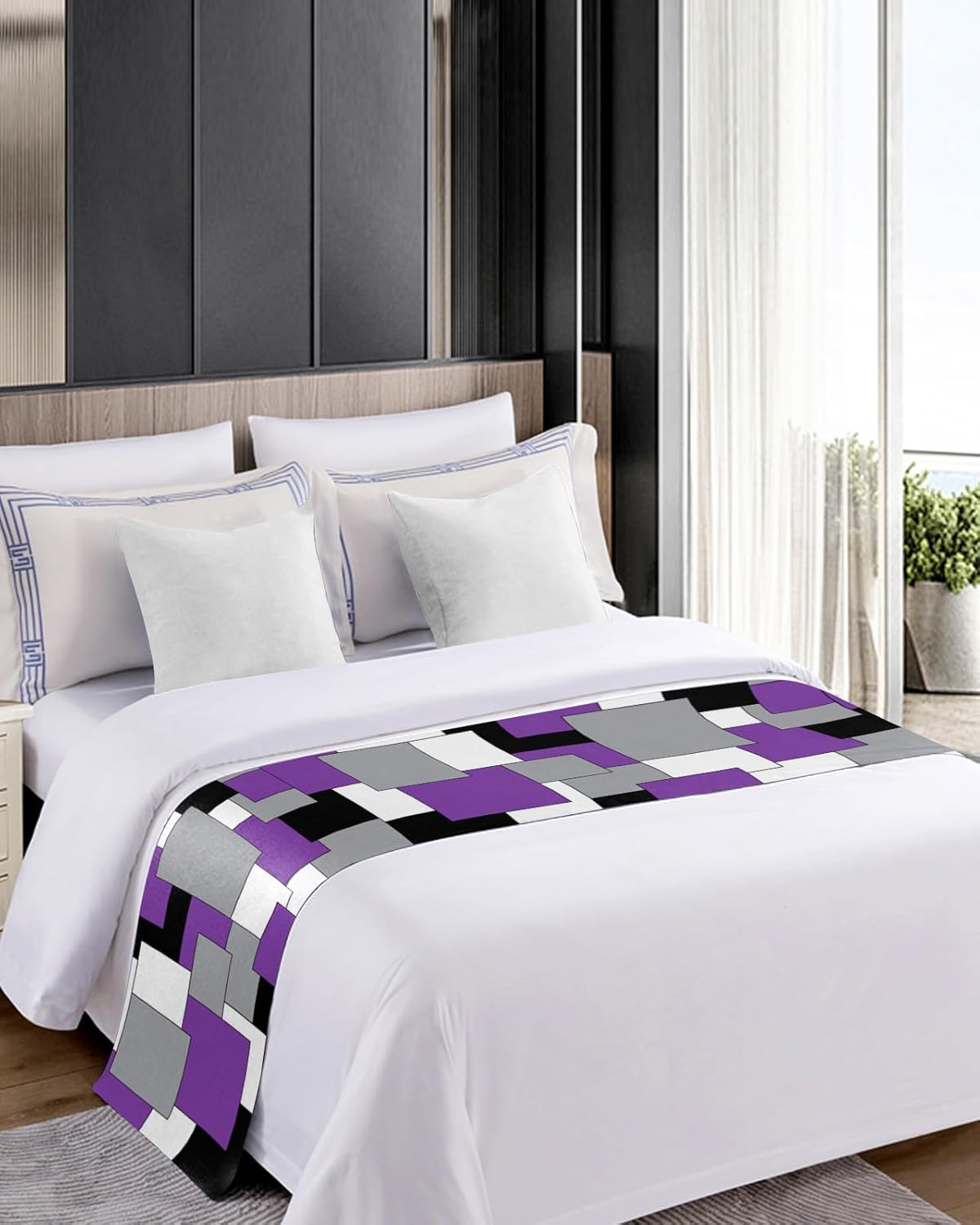 Smile Sunflower Bed Runner Scarf Abstract Art Patchwork Purple Black and Grey Bedding Scarf Decorative Bed Runners Cover for Home Bedroom Hotel Wedding Room Bed Scarf for Foot of Bed King 102x20in