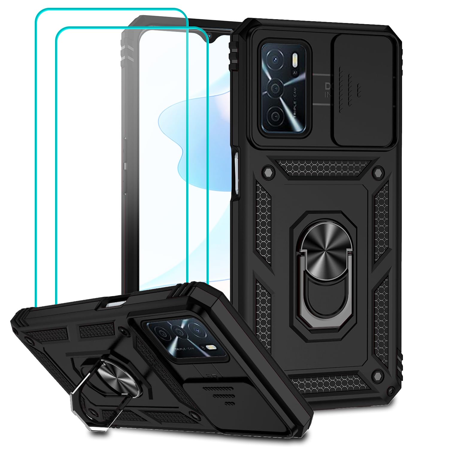 for Oppo A16 Case with 2 HD Screen Protector + Slide Camera Cover, Finger Ring Holder Kickstand [Military Grade 18ft. Drop Tested] Case for Oppo A16 6.52", Black